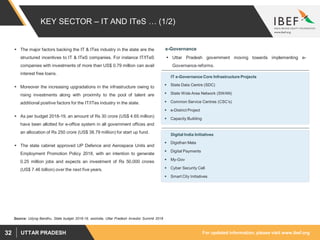 For updated information, please visit www.ibef.orgUTTAR PRADESH32
KEY SECTOR – IT AND ITeS … (1/2)
Source: Udyog Bandhu, State budget 2018-19, sezindia, Uttar Pradesh Investor Summit 2018
 The major factors backing the IT & ITes industry in the state are the
structured incentives to IT & ITeS companies. For instance IT/ITeS
companies with investments of more than US$ 0.79 million can avail
interest free loans.
 Moreover the increasing upgradations in the infrastructure owing to
rising investments along with proximity to the pool of talent are
additional positive factors for the IT/ITes industry in the state.
 As per budget 2018-19, an amount of Rs 30 crore (US$ 4.65 million)
have been allotted for e-office system in all government offices and
an allocation of Rs 250 crore (US$ 38.79 million) for start up fund.
 The state cabinet approved UP Defence and Aerospace Units and
Employment Promotion Policy 2018, with an intention to generate
0.25 million jobs and expects an investment of Rs 50,000 crores
(US$ 7.46 billion) over the next five years.
e-Governance
IT e-Governance Core Infrastructure Projects
 State Data Centre (SDC)
 State Wide Area Network (SWAN)
 Common Service Centres (CSC’s)
 e-District Project
 Capacity Building
 Uttar Pradesh government moving towards implementing e-
Governance reforms.
Digital India Initiatives
 Digidhan Mela
 Digital Payments
 My-Gov
 Cyber Security Cell
 Smart City Initiatives
 