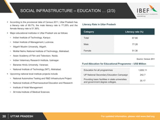 For updated information, please visit www.ibef.orgUTTAR PRADESH30
SOCIAL INFRASTRUCTURE – EDUCATION … (2/3)
 According to...