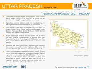 1717JANUARY 2017
Uttar Pradesh has the biggest railway network in the country
with a railway density of 40 km which is double the rail
density of the India (20 km) per 1,000 sq. km of area.
Agriculture, cement, fertilisers, coal and manufacturing are
the major sectors and industries served by the railways.
Various parts of the state are catered to by five of the 17
railway zones in India. These are Northern Railways, North
Eastern Railways, East Central Railways, North Central
Railways and West Central Railways.
As per state budget 2016-17, allocation of US$ 124.35 million
has been done for the development of Lucknow Metro Rail
Project, during 2016-17. Similarly, US$ 7.63 million each has
been assigned for the Metro Rail projects of Varanasi and
Kanpur.
Moreover, the state government is also planning to extend
the metro line network from Noida City Sector-32 to Sector-62
and from Kalindikunj to Botanical Garden, during 2016-17.
Delhi-Ghaziabad-Meerut Rapid Rail Transit Corridor project
(RRTC) has been cleared by the Board of National Capital
region, at an estimated cost of US$ 3.34 billion. The corridor
would be built between Sarai Kale Khan in Delhi and
Modipuram in Meerut, where the trains can run up to a
maximum speed of 180 km per hour, thus brining down the
travel time from Delhi to Meerut by 60 minutes.
For updated information, please visit www.ibef.org
UTTAR PRADESH A RAINBOW LAND
PHYSICAL INFRASTRUCTURE – RAILWAYS
Source: Maps of India
Source: Ministry of Railways
State Budget 2016-17
 