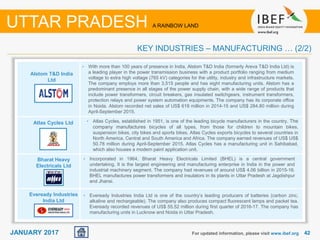 4242JANUARY 2017 For updated information, please visit www.ibef.org
KEY INDUSTRIES – MANUFACTURING … (2/2)
UTTAR PRADESH A RAINBOW LAND
Alstom T&D India
Ltd
Atlas Cycles Ltd
Bharat Heavy
Electricals Ltd
Eveready Industries
India Ltd
• With more than 100 years of presence in India, Alstom T&D India (formerly Areva T&D India Ltd) is
a leading player in the power transmission business with a product portfolio ranging from medium
voltage to extra high voltage (765 kV) categories for the utility, industry and infrastructure markets.
The company employs more than 3,515 people and has eight manufacturing units. Alstom has a
predominant presence in all stages of the power supply chain, with a wide range of products that
include power transformers, circuit breakers, gas insulated switchgears, instrument transformers,
protection relays and power system automation equipments. The company has its corporate office
in Noida. Alstom recorded net sales of US$ 618 million in 2014-15 and US$ 284.80 million during
April-September 2015.
• Atlas Cycles, established in 1951, is one of the leading bicycle manufacturers in the country. The
company manufactures bicycles of all types, from those for children to mountain bikes,
suspension bikes, city bikes and sports bikes. Atlas Cycles exports bicycles to several countries in
North America, Central and South America and Africa. The company earned revenues of US$ US$
50.78 million during April-September 2015. Atlas Cycles has a manufacturing unit in Sahibabad,
which also houses a modern paint application unit.
• Incorporated in 1964, Bharat Heavy Electricals Limited (BHEL) is a central government
undertaking. It is the largest engineering and manufacturing enterprise in India in the power and
industrial machinery segment. The company had revenues of around US$ 4.06 billion in 2015-16.
BHEL manufactures power transformers and insulators in its plants in Uttar Pradesh at Jagdishpur
and Jhansi.
• Eveready Industries India Ltd is one of the country’s leading producers of batteries (carbon zinc,
alkaline and rechargeable). The company also produces compact fluorescent lamps and packet tea.
Eveready recorded revenues of US$ 55.52 million during first quarter of 2016-17. The company has
manufacturing units in Lucknow and Noida in Uttar Pradesh.
 