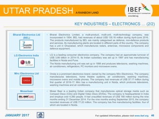 4646JANUARY 2017 For updated information, please visit www.ibef.org
KEY INDUSTRIES – ELECTRONICS … (2/2)
UTTAR PRADESH A RAINBOW LAND
Bharat Electronics Ltd
(BEL)
LG Electronics India
Mirc Electronics Ltd
Moserbaer
• Bharat Electronics Limited, a multi-product, multi-unit, multi-technology company, was
incorporated in 1954. BEL had revenues of about US$ 130.16 million during April-June 2016.
The products manufactured by BEL are mainly categorised as defence, non-defence products
and services. Its manufacturing plants are located in different parts of the country. The company
has a unit in Ghaziabad, which manufactures radars, antennae, microwave components and
defence equipment.
• LG is a leading consumer electronics company. The company had an approximate turnover of
US$ 3.89 billion in 2014-15. Its Indian subsidiary was set up in 1997 and has manufacturing
facilities in Noida and Pune.
• The Noida manufacturing unit was set up in 1998 and produces televisions, washing machines,
air conditioners, refrigerators, PC monitors and microwave ovens.
• Onida is a prominent electronics brand, owned by the company Mirc Electronics. The company
manufactures televisions, home theatre systems, air conditioners, washing machines,
microwave ovens and mobile phones. The company had revenues of US$ 37.17 million during
first quarter of 2016-17. Mirc has a manufacturing unit in Noida, which produces televisions,
washing machines and air conditioners.
• Moser Baer is a leading Indian company that manufactures optical storage media such as
Compact Discs (CDs) and Digital Video Discs (DVDs). The company is headquartered in India
and employs over 4,380 people. It had unaudited revenues of US$ 168 million during the nine
months ending 31 December 2014. For the nine months ending September 2015, the company
recorded revenues of US$ 77.22 million. The company has five manufacturing facilities, four of
which are located in Noida.
 