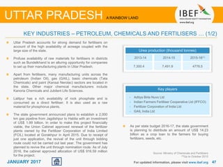 4747JANUARY 2017 For updated information, please visit www.ibef.org
UTTAR PRADESH A RAINBOW LAND
KEY INDUSTRIES – PETROLEUM, CHEMICALS AND FERTILISERS … (1/2)
Uttar Pradesh accounts for strong demand for fertilisers on
account of the high availability of acreage coupled with the
large size of the state.
Profuse availability of raw materials for fertilisers in districts
such as Bundelkhand is an alluring opportunity for companies
to set up their manufacturing plants In Uttar Pradesh.
Apart from fertilisers, many manufacturing units across the
petroleum (Indian Oil), gas (GAIL), basic chemicals (Tata
Chemicals) and paint (Kansai Nerolac) sectors are located in
the state. Other major chemical manufacturers include
Kanoria Chemicals and Jubilant Life Sciences.
Lalitpur has a rich availability of rock phosphate and is
consumed as a direct fertiliser. It is also used as a raw
material for phosphorus plants.
The state government announced plans to establish a 2,000
km gas pipeline from Jagdishpur to Haldia with an investment
of US$ 1.99 billion. In order to make this project financially
viable, the Union Cabinet approved renewal of the fertilizer
plants owned by the Fertilizer Corporation of India Limited
(FCIL) located at Gorakhpur in April 2015. Due to receipt of
just one application, the revival of the unit through bidding
route could not be carried out last year. The government has
planned to revive the unit through nomination route. As of July
2016, the cabinet approved allocation of US$ 916.59 million
for the project.
Urea production (thousand tonnes)
2013-14 2014-15 2015-16(1)
7,300.4 7,491.9 4776.5
Source: Ministry of Chemicals and Fertilizers
(1)Up to October 2015
Key players
• Aditya Birla Nuvo Ltd
• Indian Farmers Fertiliser Cooperative Ltd (IFFCO)
• Fertilizer Corporation of India Ltd
• GAIL India Ltd
As per state budget 2016-17, the state government
is planning to distribute an amount of US$ 14.23
billion as a crop loan to the farmers for buying
fertilizers, seeds, etc.
 