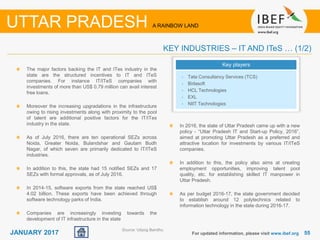 5555JANUARY 2017
The major factors backing the IT and ITes industry in the
state are the structured incentives to IT and ITeS
companies. For instance IT/ITeS companies with
investments of more than US$ 0.79 million can avail interest
free loans.
Moreover the increasing upgradations in the infrastructure
owing to rising investments along with proximity to the pool
of talent are additional positive factors for the IT/ITes
industry in the state.
As of July 2016, there are ten operational SEZs across
Noida, Greater Noida, Bulandshar and Gautam Budh
Nagar, of which seven are primarily dedicated to IT/ITeS
industries.
In addition to this, the state had 15 notified SEZs and 17
SEZs with formal approvals, as of July 2016.
In 2014-15, software exports from the state reached US$
4.02 billion. These exports have been achieved through
software technology parks of India.
Companies are increasingly investing towards the
development of IT infrastructure in the state
For updated information, please visit www.ibef.org
KEY INDUSTRIES – IT AND ITeS … (1/2)
UTTAR PRADESH A RAINBOW LAND
Key players
• Tata Consultancy Services (TCS)
• Birlasoft
• HCL Technologies
• EXL
• NIIT Technologies
In 2016, the state of Uttar Pradesh came up with a new
policy - “Uttar Pradesh IT and Start-up Policy, 2016”,
aimed at promoting Uttar Pradesh as a preferred and
attractive location for investments by various IT/ITeS
companies.
In addition to this, the policy also aims at creating
employment opportunities, improving talent pool
quality, etc. for establishing skilled IT manpower in
Uttar Pradesh.
As per budget 2016-17, the state government decided
to establish around 12 polytechnics related to
information technology in the state during 2016-17.
Source: Udyog Bandhu
 
