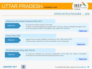 6868JANUARY 2017 For updated information, please visit www.ibef.org
UTTAR PRADESH A RAINBOW LAND
STATE ACTS & POLICIES … (4/5)
UP SEZ (Revised) Policy 2007 (Part-A)
• To boost the industrial and economic development of the state and create a favourable
environment for the advancement of special economic zones.
Read more
Objective
Energy Policy 2009
• Augment the per capita availability of electricity to over 1,000 units by 2017.
• Enable access to electricity to all the households in the coming years.
Objective
Infrastructure & Industrial Investment Policy 2012
• To boost the industrial capacity of the state
• To attain an industrial development growth rate of 11.2% per annum, alongside the target of 10%
per annum growth in SGDP as visualised in the Twelfth Five Year Plan
Read more
Objectives
Read more
 