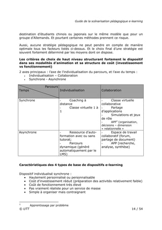 Guide de la scénarisation pédagogique e-learning
© UTT 14 / 54
destination d’étudiants chinois ou japonais sur le même modèle que pour un
groupe d’Allemands. Et pourtant certaines méthodes prennent ce risque.
Aussi, aucune stratégie pédagogique ne peut pendre en compte de manière
optimale tous les facteurs listés ci-dessus. Et le choix final d’une stratégie est
souvent fortement déterminé par les moyens dont on dispose.
Les critères de choix de haut niveau structurant fortement le dispositif
dans ses modalités d’animation et sa structure de coût (investissement
vs fonctionnement)
2 axes principaux : l’axe de l’individualisation du parcours, et l’axe du temps :
• Individualisation – Collaboration
• Synchrone - Asynchrone
Parcours
Temps Individualisation Collaboration
Synchrone - Coaching à
distance
- Classe virtuelle 1 à
1
- Classe virtuelle
collaborative
- Partage
d’applications
- Simulations et jeux
de rôle
- APP3
(organisation,
décisions – dimension
« relationnelle »
Asynchrone - Ressource d’auto-
formation avec ou sans
tutorat;
- Parcours
dynamique (généré
automatiquement par le
LMS)
- Espace de travail
collaboratif (forum,
partage de document)
- APP (recherche,
analyse, synthèse)
Caractéristiques des 4 types de base de dispositifs e-learning
Dispositif individualisé synchrone :
• Hautement personnalisé ou personnalisable
• Coût d’investissement réduit (préparation des activités relativement faible)
• Coût de fonctionnement très élevé
• Pas vraiment réaliste pour un service de masse
• Simple à organiser mais contraignant
3
Apprentissage par problème
 