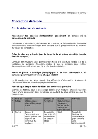 Guide de la scénarisation pédagogique e-learning
© UTT 30 / 54
Conception détaillée
C1 : la rédaction du scénario
Rassembler les sources d’information (document en entrée de la
conception du scénario
Les sources d’information, notamment les contenus de formation sont la matière
brute que vous allez scénariser. Elles doivent être à porter de main au moment
du travail de conception.
Créer le plan du scénario (sur la base de la structure détaillée donnée
dans le synopsis)
Le travail par structure, vous permet d’être fidèle à la structure validée lors de la
validation du synopsis. Attention, mettre à jour le synopsis pour refléter
d’éventuelles modifications lors de la réunion de validation.
Relire la partie « stratégie pédagogique » et « fil conducteur » du
synopsis pour l’avoir en tête à chaque instant
Le fil conducteur va vous fournir les éléments d’information à donner à
l’apprenant dans les premières pages du scénario
Pour chaque étape, relire le détail des activités à produire
Exemple de tableau pour le découpage détaillé d'un module : chaque étape fait
l'objet d'une description dans le tableau en partant du plus général au plus fin
(page écran)
N
°
Nom de
l’étape
objectifs
pédagogiques
intermédiaires ou
finaux
contenu de
formation
Sources
(documents de
références
fournis par le
client) / ou
autres sources
Activités
1 Survol Donner à
l’apprenant une
vision globale des
objectifs et
contenus du
modules
Description
des objectifs
et contenus
de chaque
étape
néant Survol de
l’intitulé de
chaque étape
(lien sensible
vers
commentaire)
 