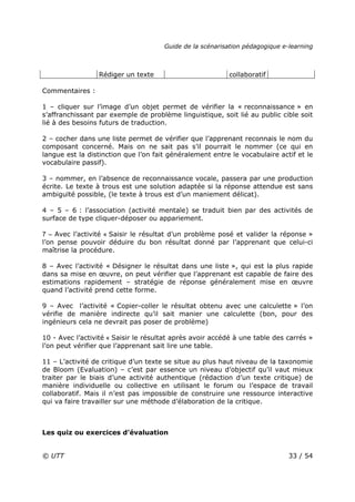 Guide de la scénarisation pédagogique e-learning
© UTT 33 / 54
Rédiger un texte collaboratif
Commentaires :
1 – cliquer sur l’image d’un objet permet de vérifier la « reconnaissance » en
s’affranchissant par exemple de problème linguistique, soit lié au public cible soit
lié à des besoins futurs de traduction.
2 – cocher dans une liste permet de vérifier que l’apprenant reconnais le nom du
composant concerné. Mais on ne sait pas s’il pourrait le nommer (ce qui en
langue est la distinction que l’on fait généralement entre le vocabulaire actif et le
vocabulaire passif).
3 – nommer, en l’absence de reconnaissance vocale, passera par une production
écrite. Le texte à trous est une solution adaptée si la réponse attendue est sans
ambiguïté possible, (le texte à trous est d’un maniement délicat).
4 – 5 – 6 : l’association (activité mentale) se traduit bien par des activités de
surface de type cliquer-déposer ou appariement.
7 – Avec l’activité « Saisir le résultat d’un problème posé et valider la réponse »
l’on pense pouvoir déduire du bon résultat donné par l’apprenant que celui-ci
maîtrise la procédure.
8 – Avec l’activité « Désigner le résultat dans une liste », qui est la plus rapide
dans sa mise en œuvre, on peut vérifier que l’apprenant est capable de faire des
estimations rapidement – stratégie de réponse généralement mise en œuvre
quand l’activité prend cette forme.
9 – Avec l’activité « Copier-coller le résultat obtenu avec une calculette » l’on
vérifie de manière indirecte qu’il sait manier une calculette (bon, pour des
ingénieurs cela ne devrait pas poser de problème)
10 - Avec l’activité « Saisir le résultat après avoir accédé à une table des carrés »
l’on peut vérifier que l’apprenant sait lire une table.
11 – L’activité de critique d’un texte se situe au plus haut niveau de la taxonomie
de Bloom (Evaluation) – c’est par essence un niveau d’objectif qu’il vaut mieux
traiter par le biais d’une activité authentique (rédaction d’un texte critique) de
manière individuelle ou collective en utilisant le forum ou l’espace de travail
collaboratif. Mais il n’est pas impossible de construire une ressource interactive
qui va faire travailler sur une méthode d’élaboration de la critique.
Les quiz ou exercices d’évaluation
 