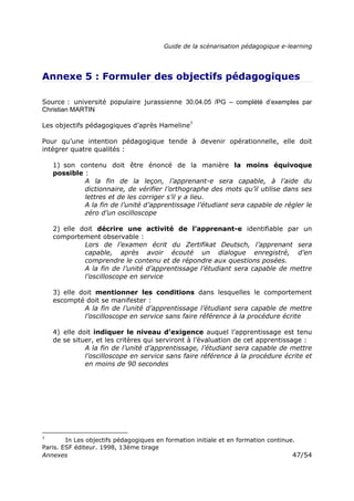 Guide de la scénarisation pédagogique e-learning
Annexes 47/54
Annexe 5 : Formuler des objectifs pédagogiques
Source : université populaire jurassienne 30.04.05 /PG – complété d’exemples par
Christian MARTIN
Les objectifs pédagogiques d’après Hameline7
Pour qu’une intention pédagogique tende à devenir opérationnelle, elle doit
intégrer quatre qualités :
1) son contenu doit être énoncé de la manière la moins équivoque
possible :
A la fin de la leçon, l’apprenant-e sera capable, à l’aide du
dictionnaire, de vérifier l’orthographe des mots qu’il utilise dans ses
lettres et de les corriger s’il y a lieu.
A la fin de l’unité d’apprentissage l’étudiant sera capable de régler le
zéro d’un oscilloscope
2) elle doit décrire une activité de l’apprenant-e identifiable par un
comportement observable :
Lors de l’examen écrit du Zertifikat Deutsch, l’apprenant sera
capable, après avoir écouté un dialogue enregistré, d’en
comprendre le contenu et de répondre aux questions posées.
A la fin de l’unité d’apprentissage l’étudiant sera capable de mettre
l’oscilloscope en service
3) elle doit mentionner les conditions dans lesquelles le comportement
escompté doit se manifester :
A la fin de l’unité d’apprentissage l’étudiant sera capable de mettre
l’oscilloscope en service sans faire référence à la procédure écrite
4) elle doit indiquer le niveau d’exigence auquel l’apprentissage est tenu
de se situer, et les critères qui serviront à l’évaluation de cet apprentissage :
A la fin de l’unité d’apprentissage, l’étudiant sera capable de mettre
l’oscilloscope en service sans faire référence à la procédure écrite et
en moins de 90 secondes
7
In Les objectifs pédagogiques en formation initiale et en formation continue.
Paris. ESF éditeur. 1998, 13ème tirage
 