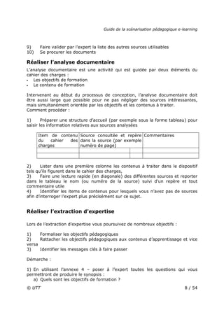 Guide de la scénarisation pédagogique e-learning
© UTT 8 / 54
9) Faire valider par l’expert la liste des autres sources utilisables
10) Se procurer les documents
Réaliser l’analyse documentaire
L’analyse documentaire est une activité qui est guidée par deux éléments du
cahier des charges :
• Les objectifs de formation
• Le contenu de formation
Intervenant au début du processus de conception, l’analyse documentaire doit
être aussi large que possible pour ne pas négliger des sources intéressantes,
mais simultanément orientée par les objectifs et les contenus à traiter.
Comment procéder :
1) Préparer une structure d’accueil (par exemple sous la forme tableau) pour
saisir les information relatives aux sources analysées
Item de contenu
du cahier des
charges
Source consultée et repère
dans la source (par exemple
numéro de page)
Commentaires
2) Lister dans une première colonne les contenus à traiter dans le dispositif
tels qu’ils figurent dans le cahier des charges,
3) Faire une lecture rapide (en diagonale) des différentes sources et reporter
dans le tableau le nom (ou numéro de la source) suivi d’un repère et tout
commentaire utile
4) Identifier les items de contenus pour lesquels vous n’avez pas de sources
afin d’interroger l’expert plus précisément sur ce sujet.
Réaliser l’extraction d’expertise
Lors de l’extraction d’expertise vous poursuivez de nombreux objectifs :
1) Formaliser les objectifs pédagogiques
2) Rattacher les objectifs pédagogiques aux contenus d’apprentissage et vice
versa
3) Identifier les messages clés à faire passer
Démarche :
1) En utilisant l’annexe 4 – poser à l’expert toutes les questions qui vous
permettront de produire le synopsis :
a) Quels sont les objectifs de formation ?
 