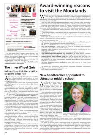 38 If you are responding to an advertisement in The Uttoxeter  Cheadle Voice, please let the advertiser know. Thank you for your support.
The Inner Wheel Quiz
Held on Friday 25th March 2022 at
Kingstone Village Hall
A
fter setting the scene with tables and chairs, and a table
laden with excellent Raffle prizes,the ladies of the Inner
Wheel Club of Uttoxeter were arriving with delicious
smelling dishes of food.
The Quiz has become an annual event, and thanks go to Elspeth
and Philip Knight who set the questions and were Quiz Masters
for the evening.
First of all, the home cooked meals of Cottage Pie or Lasagne
were served followed with homemade puddings in the interval.
The evening was a great success and although competitive, it was
great fun. Everyone had a really good time and enjoyed being
amongst friends and aquaintances again.
The profit of over £700 from the Quiz evening will be divided
between the charity, HOPE AND HOMES FOR CHILDREN in
orphanages in Ukraine. Right now, 100,000 are warehoused in
Ukraine’s 700 state run orphanages. That’s more orphanages than
England has hospitals. The children are being stranded without
staff, food and water whilst under attack from bombs and bullets.
The charity HOPE AND HOMES for children is there right
now, providing emergency aid and trying to get the children away
from the firing line and into recognised humanitarian safe spaces.It
is trying to evacuate the orphans whilst keeping siblings together
and accounting for every child.
SCHOOL IN A BAG – a charity who send Schoolbags filled
with educational resources to poor, orphan, vulnerable,
disadvantaged and disaster affected children.
Children often find it very hard to communicate their feelings
verbally in the same way adults can. However, the contents of a
SchoolBag presents the opportunity for them to draw and write
about their feelings. This outlet of expression plays such an
important part of the rehabilitation process for the children, both
during and following a disaster.
Each bag costs £30 and information can be accessed on
schoolinabag.org. The Inner Wheel Club of Uttoxeter has already
bought numerous bags which have gone to various countries, and
each bag purchased is given a number so that it can be tracked to
see where it has gone to.
The Inner Wheel Club of Uttoxeter’s recent Quiz was a very
successful event, raising over £700, which has been sent to 2
Charities - £350 to Hope  Homes for children in the orphanages
in Ukraine and £350 to School in a Bag.
The next fundraiser is a Fashion Show on Wednesday, 18th
May at Kingstone Village Hall - Don’t miss it!!!
The profit made on the evening will go to The Children’s Air
Ambulance  Inner Wheel Charities.
Award-winning reasons
to visit the Moorlands
W
hat do the winners of Hotel of the Year, Large and Small Visitor Attraction, Tea Room and
Coffee Shop and Casual Dining Restaurant have in common? They’re all in the Moorlands
of course! There are already so many reasons to visit the Staffordshire Moorlands – and
award winning local businesses and attractions only add to the district’s appeal for people planning
days out and holidays in the UK.
So it’s great news that Moorlands businesses featured highly at this year’s Enjoy Staffordshire
Tourism and Good Food Awards with several bringing home gold, silver and bronze winners awards.
Councillor Andrew Hart, Cabinet Member for Tourism at Staffordshire Moorlands District
Council, said: “We’ve always known we have some first rate hospitality businesses and visitor
attractions in the Moorlands but it’s great to see some of them officially recognised with these awards.
“I congratulate all those businesses that were shortlisted and, of course, those that were named
amongst the winners.
“I hope these awards help to raise the profile of all our leisure businesses and that people will make
the Moorlands their destination of choice when planning holidays and days out this spring and
summer and beyond.”
It’s the eighth time the awards, which are open to any Staffordshire tourism business, have been
held with winners named in 16 different categories.
Local winners in the Moorlands were:
• Alton Towers Resort – which won Golds in the Accessible and Inclusive and Ethical, Responsible
and Sustainable categories and Silver for Large Visitor Attraction.
• CBeebies Land Hotel at Alton Towers also won top prize in the Hotel of the Year award.
• Black Lion Inn, Butterton – Bronze winner of the Pub of the Year and also highly commended
in the Ethical, Responsible and Sustainable category.
• Gelato and Cakes, Cheadle was highly commended in the Food and Drink Retailer and Farm
Shop of the Year category.
• Foxfield Railway was named overall winner of the county’s Small Visitor Attraction.
• Walk with the Animals at Peak Wildlife Park near Leek took the Bronze award for Experience
of the Year and the Park was highly commended in the Large Visitor Attraction category.
• Ramblers Retreat Country Tea Room, Alton – took Gold for Tea Room and Coffee Shop of the
Year and will go forward to represent Staffordshire in the Taste of England awards. The business
also won Silver in the Ethical, Responsible and Sustainable category and was highly commended
for Resilience and Innovation.
• The Three Horseshoes Country Inn, Leek was named Gold winner in the Casual Dining
Restaurant category.
The winners of 14 categories will now go forward to represent Staffordshire at the national
VisitEngland Awards for Excellence to be held in June.
Good luck to all our Moorlands winners!
New headteacher appointed to
Uttoxeter middle school
A
nne Grattage has started in post at
Ryecroft C.E. Middle School,
Ashbourne Road, Rocester. The
school is Ofsted graded ‘good’, has
approximately 200 pupils aged nine to 13-
years-old and is part of Uttoxeter Learning
Trust.
Annie will join Uttoxeter Learning Trust
from Kingsland C.E. Academy in Stoke-on-
Trent where she is currently Vice Principal
and has spent most of her teaching career.
Initially starting her career as a
classroom teacher, Annie has since held a
number of roles including being an English
and Maths Leader and a Special Educational
Needs Coordinator.
She was designated as a Specialist Leader
of Education in 2015 and has supported
colleagues in schools across Stoke-on-Trent.
Prior to that, Annie taught English to
elementary, junior and senior high school
pupils in Osaka, Japan, after graduating
from university. She also worked as an
English teacher in Barcelona, Spain.
Annie said: “I am delighted and proud to
be appointed Headteacher of Ryecroft C.E. Middle School. I am very much looking forward to meeting
parents and carers and working with the local community and church as well as colleagues across
Uttoxeter Learning Trust.”
She added: “My priorities will be to support and provide the children with opportunities to help
them achieve the highest academic standards and develop their individual talents to the full. I believe
this can be achieved through a strong partnership between the school, pupils, and parents and carers.”
Sarah Clark, Chief Executive Officer, Uttoxeter Learning Trust, said: “I am delighted to welcome
Annie to our family of schools which are committed to inspiring learning and inspired children. Annie
has a strong track record of expertise.”
Annie Grattage has been appointed Headteacher of
Ryecroft C.E. Middle School in Rocester, Uttoxeter, and
starts her new role in April.
 
