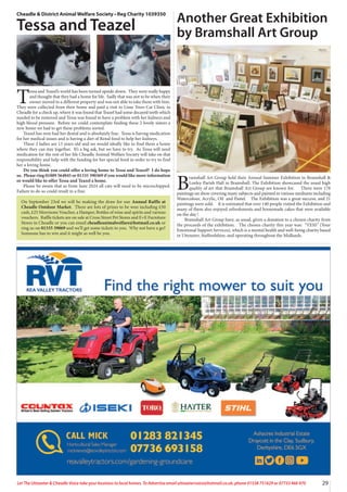 29
Let The Uttoxeter & Cheadle Voice take your business to local homes. To Advertise email uttoxetervoice@hotmail.co.uk, phone 01538 751629 or 07733 466 970
Cheadle & District Animal Welfare Society • Reg Charity 1039350
Tessa and Teazel
T
essa and Teazel’s world has been turned upside down. They were really happy
and thought that they had a home for life. Sadly that was not to be when their
owner moved to a different property and was not able to take them with him.
They were collected from their home and paid a visit to Lime Trees Cat Clinic in
Cheadle for a check up, where it was found that Teazel had some decayed teeth which
needed to be removed and Tessa was found to have a problem with her kidneys and
high blood pressure. Before we could contemplate finding these 2 lovely sisters a
new home we had to get these problems sorted.
Teazel has now had her dental and is absolutely fine. Tessa is having medication
for her medical issues and is having a diet of Renal food to help her kidneys.
These 2 ladies are 13 years old and we would ideally like to find them a home
where they can stay together. It’s a big ask, but we have to try. As Tessa will need
medication for the rest of her life Cheadle Animal Welfare Society will take on that
responsibility and help with the funding for her special food in order to try to find
her a loving home.
Do you think you could offer a loving home to Tessa and Teazel? I do hope
so. Please ring 01889 564045 or 01335 390369 if you would like more information
or would like to offer Tessa and Teazel a home.
Please be aware that as from June 2024 all cats will need to be microchipped.
Failure to do so could result in a fine.
On September 23rd we will be making the draw for our Annual Raffle at
Cheadle Outdoor Market. There are lots of prizes to be won including £50
cash, £25 Morrisons Voucher, a Hamper, Bottles of wine and spirits and various
vouchers. Raffle tickets are on sale at Cross Street Pet Stores and E+E Furniture
Stores in Cheadle or you can email cheadleanimalwelfare@hotmail.co.uk or
ring us on 01335 39069 and we’ll get some tickets to you. Why not have a go?
Someone has to win and it might as well be you.
Another Great Exhibition
by Bramshall Art Group
B
ramshall Art Group held their Annual Summer Exhibition in Bramshall &
Loxley Parish Hall in Bramshall. The Exhibition showcased the usual high
quality of art that Bramshall Art Group are known for. There were 178
paintings on show covering many subjects and painted in various mediums including
Watercolour, Acrylic, Oil and Pastel. The Exhibition was a great success, and 21
paintings were sold. It is estimated that over 140 people visited the Exhibition and
many of them also enjoyed refreshments and homemade cakes that were available
on the day !
Bramshall Art Group have, as usual, given a donation to a chosen charity from
the proceeds of the exhibition. The chosen charity this year was: “YESS” (Your
Emotional Support Services), which is a mental health and well-being charity based
in Uttoxeter, Staffordshire, and operating throughout the Midlands.
 