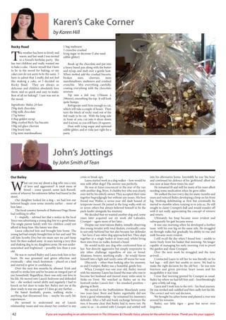 42 If you are responding to an advertisement in The Uttoxeter  Cheadle Voice, please let the advertiser know. Thank you for your support.
John’s Jottings
by John Smith of Tean
Our Bailey
W
hat can you say about a dog who was a mix
of love and aggression? A total mess of
breed – some spaniel, some Jack Russell,
some of whoever his unknown father had found in the
street.
Our daughter looked for a dog – we had lost our
beloved beagle cross some months earlier – more of
him later…
The local country kennels of Battersea Dogs Home
had nothing to offer.
I – stupidly – advised her that a notice in the local
Tesco was advertising a young dog free to a good home.
The single parent family with two children could not
afford to keep him. His future was dim.
Laura collected him and brought him home. The
young lad had simply brought him to her and said ‘We
call him Scooby Doo but my mum says we can’t keep
him’. He then walked away in tears leaving a very thin
and shaking dog in my daughters arms. He was under-
nourished and frightened – possibly less than a year
old.
He was re-named Bailey and Laura took him to her
heart. He was groomed and given affection and
eventually – after much hesitation – placed on a lead
and started to grow in confidence.
Over the next few months he allowed Trish and
myself to stroke him and he became an integral part of
our household. Regardless, there was only one love in
his life. He moved into Laura’s bedroom and defended
her – she worked varied shifts and regularly I had to
knock on her door to wake her. Bailey met me at the
door ready to tear me apart if I dare go any further…
He hated footballs, prams, walking sticks –
anything that threatened him – maybe his early life
experiences.
He seemed to understand any of Laura’s
relationship issues and was always her comfort in any
crisis or break-ups.
Laura started work as a dog walker – how would he
mix with other dogs? The answer was perfectly.
He was at times ensconced in the rear of the van
with another dog, Bryn. A chubby boy who was clearly
over-fed by his elderly owner. They accepted their time
together begrudgingly but without any issues. His best
friend was Walter, a seven-year old dash hound of
temperate mood. He joined in the long walks with six
or seven others but always believed himself to be the
pack-leader alongside his mummy.
We decided that we wanted another dog and, some
years later acquired our six week old Labrador,
Crumpet – again more of her later…
Despite our reservations Bailey, initially observing
this young invader with total disdain, eventually came
to not only befriend her but also became her defender
– her hero if any other dog approached her. They slept
together in a single basket at times and, whilst living
their own lives on walks, formed a bond.
He would tackle any dog who confronted him or
her. Not directly aggressive but simply responsive to
any other challenge regardless of size or breed.
Alsatians, boxers, anything really – he would throw
himself into a fight and rarely came off worse for wear.
Obscurely – other than looking after his mummy,
us and Crumpet, Bailey was a beautiful, gentle boy.
When Crumpet was one year old, Bailey moved
with his mummy. Laura has found the man who was to
become her husband and moved many miles away to
Stoke-on-Trent. We watched as Bailey sat in the
footwell under Laura’s feet – his standard position –
glaring at Brett.
We moved to the Staffordshire Moorlands some
two years later. Brett and Bailey regrettably did not
form a good relationship – he remained his mummy’s
defender. After a full and frank exchange between the
two, it became clear that Bailey had to move out. He
came to us – re-united with Crumpet and settled well
into his alternative home. Inevitably he was ‘the boss’
and continued his defence of his ‘girlfriend’ albeit she
was now at least three times his size!
He remained fit and well for many of his years albeit
needing some medication when he grew older.
We walked the two every day for many months and
years and noticed Bailey developing a limp on his front
leg. Nothing debilitating at first but eventually he
started to stumble when running to re-join us. He still
sought to claim Crumpet’s ball and would wander off
with it not really appreciating the concept of retrieve
and return.
Ultimately his limp became more evident and
subsequently his gait became worse.
It was one morning when he developed a further
issue with his rear leg on the same side. He struggled
on through walks but gradually his ability to rise and
walk became more evident.
I still recall the day when I found him – unable to
move freely from his basket that morning. No longer
capable of managing his early morning visit to prowl
the garden and chase Crumpet.
Over the next week he struggled and the time
arrived…
I contacted Laura to tell her he was literally on his
last legs – still alert but unable to move. We had to
make the right decision for the old boy – he was now
fourteen and given previous heart issues and his
incapability it was time.
I rose that morning greeted by Crumpet as usual.
Bailey lay where we had left him and – heartbreakingly
– gave a little tail wag.
Laura and I took him to the vet’s – his final journey.
He was stroked and cuddled and then sadly lost his life.
The correct and very sad decision.
We brought his ashes home and planted a rose tree
around his remains.
Bailey, our little tiger – gone but never ever
forgotten.
Rocky Road
T
he weather has been so lovely and
warm, and last week I was invited
to a friend’s birthday party. She
has two children and really wanted me
to bake a cake. I know myself that I have
to be in the mood for baking, or my
cakes just do not seem to be the same. I
have to admit that I really did not feel
like making a cake, so I decided on
Rocky Road. They are always so
delicious and children absolutely love
them, and so quick and easy to make.
Best of all no baking!! I just was not in
the mood.
Ingredients: Makes 24 bars
250g dark chocolate
150g milk chocolate
175g butter
4 tbsp golden syrup
200g crushed Rich Tea biscuits
150g red glace cherries
150g brazil nuts
125g mini marshmallows
1 bag maltesers
1 crunchie crushed
Icing sugar to decorate (I also used
edible glitter)
Break up the chocolate and put into
a heavy based pan along with the butter
and syrup, and melt over a gentle heat.
When melted add the crushed biscuits,
broken nuts, cherries, mini
marshmallows, maltesers and crushed
crunchie. Mix everything carefully,
coating everything with the chocolate
mixture.
Tip into a foil tray (236mm x
296mm), smoothing the top. It will look
quite bumpy.
Refrigerate until firm enough to cut,
which will take a couple of hours. Then
turn the block of rocky road out of the
foil ready to be cut. With the long side
in front of you, cut into 6 slices down
and 4 across, so you will have 24 squares.
Dust with icing sugar and optional
edible glitter, and et voila just right for a
party.
Karen’s Cake Corner
by Karen Hill
 