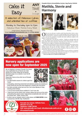 We are delighted to introduce Picknalls First School
to you. Applications for our Nursery are made
directly to our school. Please see our Nursery
Admissions page on our website or scan the QR
code to apply.
Please take a look at all we offer here at Picknalls
First School:
• Fun-filled flexible sessions for children aged from
3 years
• A stimulating, welcoming environment and extensive outside area including our
Forest School and new Early Years playground, complete with mud kitchen
• Our before and after school club runs from 7am to 6pm Monday to Friday
including school holidays.
• 15 and 30 hours funded places available for 3 and 4 year olds
• “Pupils thrive and the school’s aims ‘achieve, believe and care are at the centre
of everything this school is about. Pupils behave exceptionally well, work hard
and achieve well.” Ofsted, January 2020
• In order to see our fantastic school in action please call 01889 228700 to book
a personal tour with Mrs Tapp, Headteacher.
Nursery applications are
now open for September 2025
Picknalls First School, Oldfields Road,
Uttoxeter ST14 7QL
Telephone: 01889 228700
Visit: www.picknalls.com Email: office@picknalls.staffs.sch.uk
#ProudtobePicknalls
6 If you are responding to an advertisement in The Uttoxeter & Cheadle Voice, please let the advertiser know. Thank you for your support.
9 High Street, Uttoxeter ST14 7HN
Email: hello@anytimeuttoxeter.com Tel: 07762 461083
Cheadle & District Animal Welfare Society • Reg Charity 1039350
Matilda, Stevie and
Harmony
Matilda Stevie Harmony
O
lder cats very often get a condition called Hyperthyroidism which is where
the thyroid gland is over active, producing higher than normal levels of the
thyroid hormone. Symptoms include an increased appetite, weight loss and
a poor coat, but this condition is treatable with daily medication together with
regular vet checks and blood tests.
We currently have 3 cats with this condition – Matilda, an adorable tabby and
white and fabulous Stevie and Harmony who are both black and white. All 3 are
doing really well on their medication, which they have in their food, no problem.
They have put on weight, are eating less and looking really good.
Matilda, Stevie and Harmony need to find homes with people who will love them
to bits as they all adore human company and purr for England. Cheadle Animal
Welfare Society will pay for all their veterinary needs in relation to their
Hyperthyroidism at Lime Trees Cat Clinic, Cheadle, so their new owners can rest
assured they will not be expected to pay for that.
If you would give a home to one of these fabulous cats you will have a wonderful
companion and a truly good friend. Please give us a call so we can arrange for you
to meet them then you can see what amazing cats they are.
Call us on either 01335 390369 or 01889 564045
 