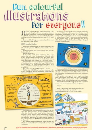 H
i there, I’m Amy Bradley and drawing really is my
favourite thing! I work from my gorgeous studio at
St.Mary’s House in Uttoxeter creating illustrations
for all kinds of projects such as; picture books, branding,
wedding stationery, educational projects and SO SO much
more…
Every month I will be giving you a sneak peek into what
I’ve been up to! I’m so excited!!
NEWS from the Studio…
Earlier this month I went to the annual gathering of the
‘2%ers’ held by the Art of Brilliance Team at Alton Towers
Hotel.
Yes I already know what you’re thinking: ‘Amy, what the
heck is a 2%er?’
Well let me tell you….
A 2%er refers to 2% of the population… It’s a scary
statistic that only 2% of the population CHOOSE to be
HAPPY. ‘So what, some of you may ask!’ Well I kinda think
it’s a big deal because it’s those 2%er’s who live life to the full,
make their dreams come true and live a full colour reality!
2%er’s tend to have the following characteristics: FULL
of confidence, have a spring in their step EVERYDAY, are
ENTHUSIASTIC, are FULL of energy, they LIGHT up a
room, age LESS, & live LONGER. (Why wouldn’t you want
to be one?!)
You wanna know the SECRET to being a 2%er?!
Well it takes EFFORT and you have to choose to be
HAPPY! Check out this cool infographic which I had the
pleasure of designing….
Unfortunately, as you can see it’s far easier to be like the
other 98% of the population, leading a BORING black &
white life! Even worse you could fall into the trap of
becoming a ‘Mood Hoover’ - a term that the Art of Brilliance
use for people who tend to light up a room when they LEAVE
the room; they lack energy, live a dull existence and they’ll
SUCK the life out of ya! (WARNING; avoid Mood Hoovers
at all costs!)
So… the idea behind the gathering was to recharge the
2%er’s and send them back into society ready & raring to go!
Wooohooo!!
As many of you may already know I do loads of work for
the Art of Brilliance and in preparation for the event I
supplied lots of illustrations for their NEW beyond brilliant
website which was put together by my amazing friend Carl
@ IncludeCreative! Check it out: www.artofbrilliance.co.uk.
I also designed slides for the presentation and it was
AMAZING seeing ‘The Brilliant Route Map’ I designed
scattered across the tables.
I had such a BRILLIANT day! It was jam-packed with a
real mix of speakers from the young to the wise (well older!)
whom had traveled far and wide, all from different walks of
life with the aim of enlightening the 2%ers with enthusiasm
& wisdom!
The speakers encouraged the crowd to play with lego,
build with spaghetti and to swap seats (clearly not a boring
bunch!!). I took the opportunity to mingle with the HAPPY
peeps, after all, the books I illustrate end up in their hands!
Having felt the energy BUZZING in the room I can’t wait
to start work on the next one :-) Watch this space….
Amy x
If you’d like to know more about Amy check out;
www.amybradley.co.uk or get in touch:
mail@amybradley.co.uk – 07870 752480. Enjoy!
Fun, colourful
illustrationsfor everyone!!
32 If you are responding to an advertisement in The Uttoxeter & Cheadle Voice, please let the advertiser know. Thank you for your support.
 