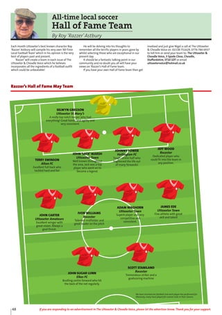 48 If you are responding to an advertisement in The Uttoxeter & Cheadle Voice, please let the advertiser know. Thank you for your support.
All-time local soccer
Hall of Fame Team
By Roy ‘Razzer’Astbury
Each month Uttoxeter’s best known character Roy
‘Razzer’Astbury will compile his very own ‘All-Time
Local Football Team’which in his opinion is the very
best of players past and present.
‘Razzer’will create a team in each issue of The
Uttoxeter & Cheadle Voice which he believes
incorporates all the ingredients of a football outfit
which could be unbeatable!
He will be delving into his thoughts to
remember all the terrific players in years gone by
whilst selecting those who are exceptional in our
present day.
It should be a fantastic talking point in our
community and no doubt you all will have your
views on ‘Razzer’s Hall of Fame team.
If you have your own Hall of Fame team then get
involved and just give Nigel a call at The Uttoxeter
& Cheadle Voice on 01538 751629, 0776 784 6937
to tell him or send your team to: The Uttoxeter &
Cheadle Voice, 3 Spode Close, Cheadle,
Staffordshire, ST10 1DT or email
uttoxetervoice@hotmail.co.uk
SELWYN GREGSON
Uttoxeter St Mary’s
A really top notch keeper who had
everything! Great hands and agility and
very consistent.
TERRY SWINSON
Alton FC
Excellent full back who
tackled hard and fair
JOHN ‘JACK’ MARSH
Uttoxeter Town
Well known throughout
the area, Jack was a top
player who went on to
become a legend.
JOHNNY FOWER
Hollington FC
Tough centre half who
frightened the life out
of many forwards!
JEFF WOOD
Rocester
Dedicated player who
could fit into the team in
any position.
JOHN CARTER
Uttoxeter Amateurs
Excellent winger with
great vision. Always a
goal threat.
IVOR WILLIAMS
Rocester
Talented midfielder and
great leader on the pitch
ADAM WAGHORN
Uttoxeter Town
Superb player and very
competitive and
consistent.
JAMES EDE
Uttoxeter Town
Fine athlete with great
skill and talent
JOHN SUGAR LUNN
Elkes FC
Bustling centre forward who hit
the back of the net regularly.
SCOTT STANILAND
Rocester
Tremendous striker and a
goalscoring machine
Razzer’s Hall of Fame May Team
We have inserted one football club each player has performed for.
Obviously, many have played for several clubs in their careers.
 
