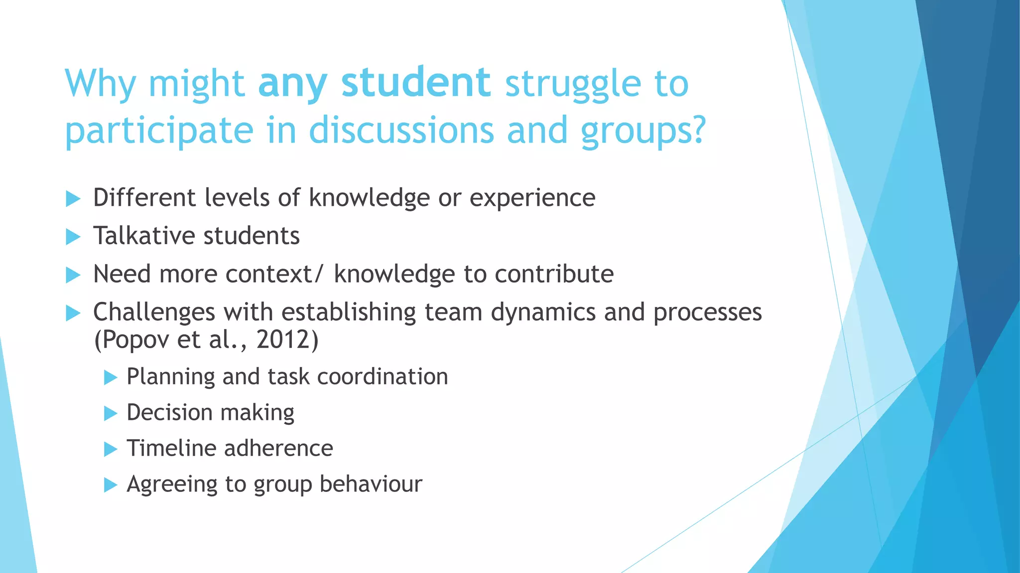 Why might any student struggle to
participate in discussions and groups?
 Different levels of knowledge or experience
 Talkative students
 Need more context/ knowledge to contribute
 Challenges with establishing team dynamics and processes
(Popov et al., 2012)
 Planning and task coordination
 Decision making
 Timeline adherence
 Agreeing to group behaviour
 
