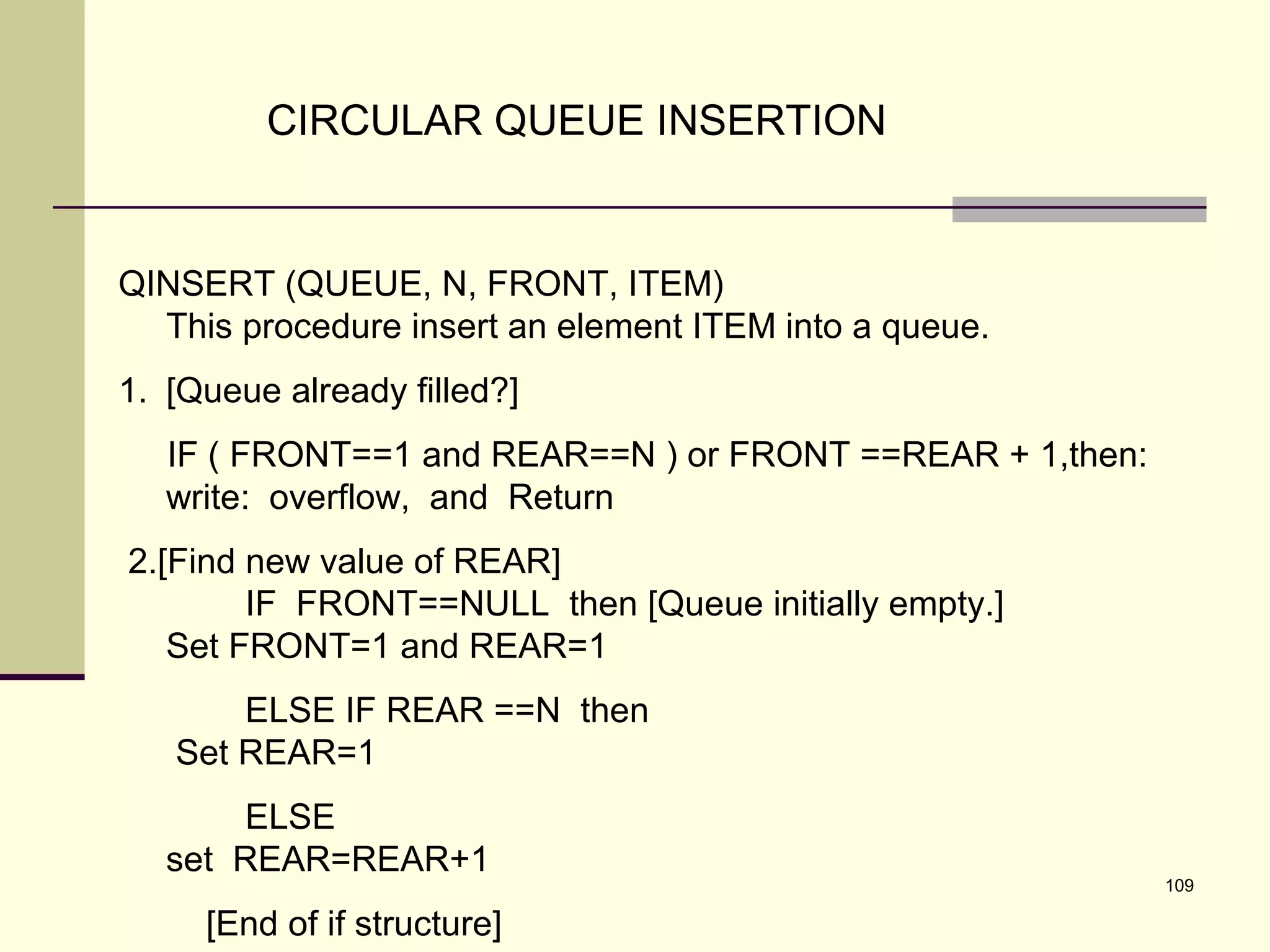 109
CIRCULAR QUEUE INSERTION
QINSERT (QUEUE, N, FRONT, ITEM)
This procedure insert an element ITEM into a queue.
1. [Queue already filled?]
IF ( FRONT==1 and REAR==N ) or FRONT ==REAR + 1,then:
write: overflow, and Return
2.[Find new value of REAR]
IF FRONT==NULL then [Queue initially empty.]
Set FRONT=1 and REAR=1
ELSE IF REAR ==N then
Set REAR=1
ELSE
set REAR=REAR+1
[End of if structure]
 