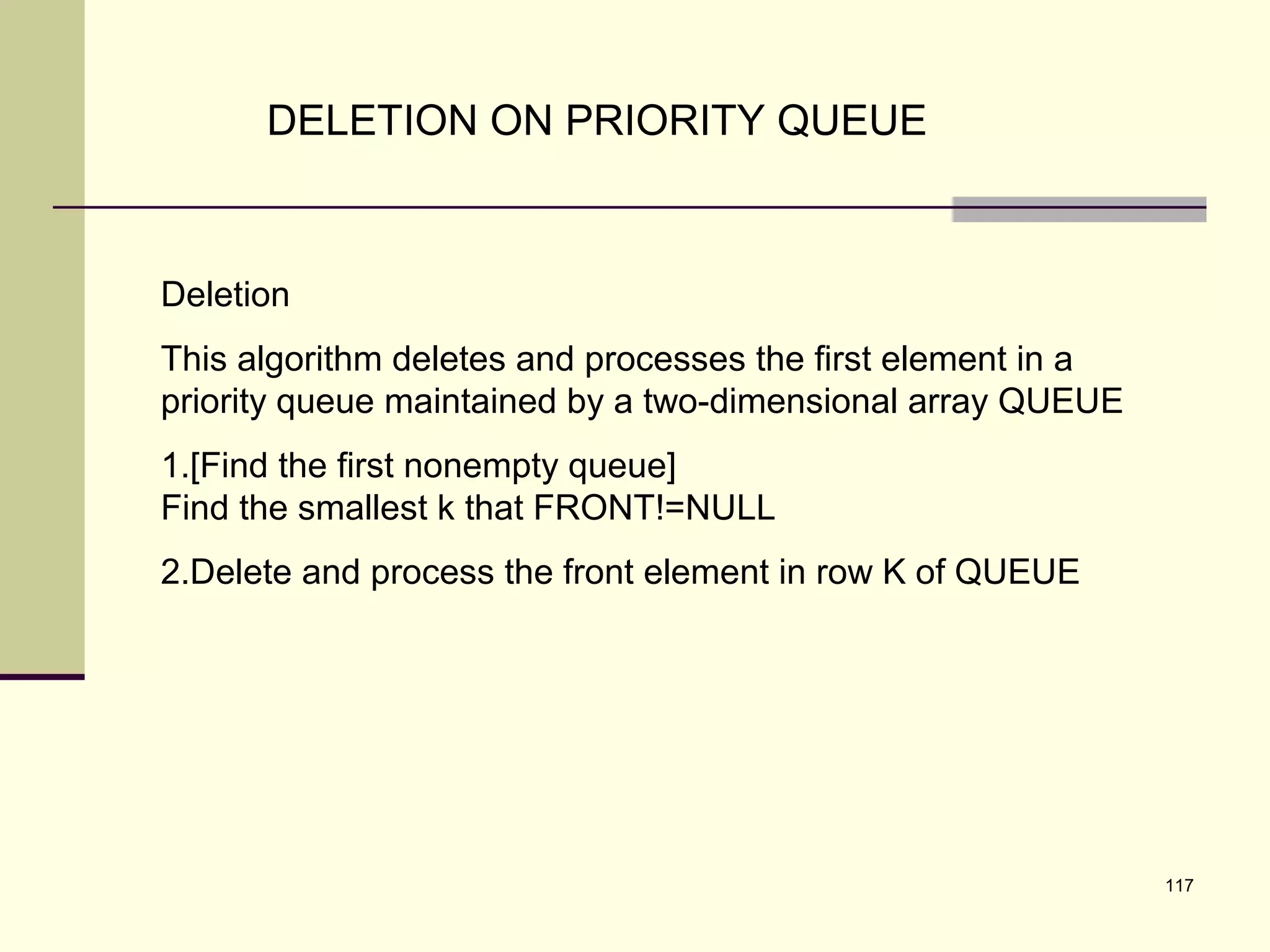 117
DELETION ON PRIORITY QUEUE
Deletion
This algorithm deletes and processes the first element in a
priority queue maintained by a two-dimensional array QUEUE
1.[Find the first nonempty queue]
Find the smallest k that FRONT!=NULL
2.Delete and process the front element in row K of QUEUE
 