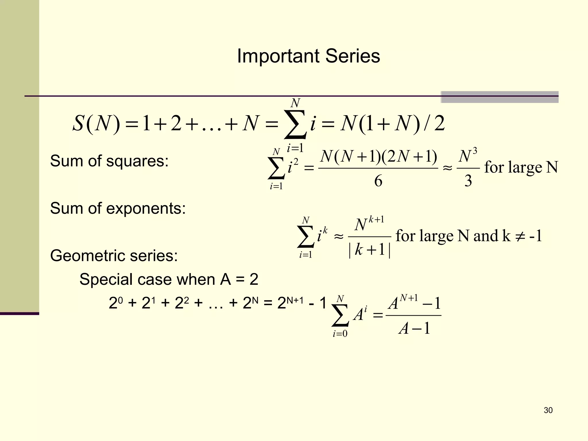 30
Important Series
Sum of squares:
Sum of exponents:
Geometric series:
Special case when A = 2
20
+ 21
+ 22
+ … + 2N
= 2N+1
- 1
Nlargefor
36
)12)(1( 3
1
2 NNNN
i
N
i
≈
++
=∑=
-1kandNlargefor
|1|
1
1
≠
+
≈
+
=
∑ k
N
i
kN
i
k
1
11
0 −
−
=
+
=
∑ A
A
A
NN
i
i
∑=
+==+++=
N
i
NNiNNS
1
2/)1(21)( 
 