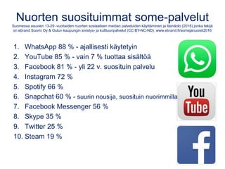 ”Koulutus ei reagoi työn muutokseen”
Matti Tedre ja Peter J. Denning:
www.hs.fi/paakirjoitukset/a1477632927018?jako=15d99fd5699608893c1ee2afa20c2ab8
”Tietotekniikassa korostuvat koodaustaitojen sijaan yhteisöjen,
kielen, mentoroinnin, innovoinnin, kulttuurin, arvojen,
lisäarvon ja yhteiskunnallisten muutosten taju ja taidot.
Piilaaksossa juuri tällaisia taitoja hallitsevat designtyöläiset ovat
tietotyön automatisoinnin ja uusien palvelujen takana.”
”Tietotyön automatisoituessa on tärkeää ymmärtää informaatiota
itseään. Opetukseen pitäisi lisätä ongelmien analysoinnin ja
jäsentämisen työkaluja, joilla ongelmien ratkaisut voidaan
esittää tietokoneella käsiteltävässä muodossa.”
”Designtyön keskeisiin valmiuksiin kuuluvat yhteisöjen ja niiden
taustojen ymmärtäminen, sosiaalisten verkostojen ja
vuorovaikutuksen taju sekä ihmisten tapojen ja käyttäytymisen
ymmärtäminen. Nämä valmiudet auttavat ymmärtämään ihmisten
ja yhteisöjen tarpeita ja välttämään liiallista teknologiauskoa.”
 