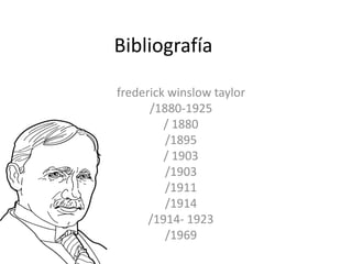 Bibliografía
frederick winslow taylor
/1880-1925
/ 1880
/1895
/ 1903
/1903
/1911
/1914
/1914- 1923
/1969
 
