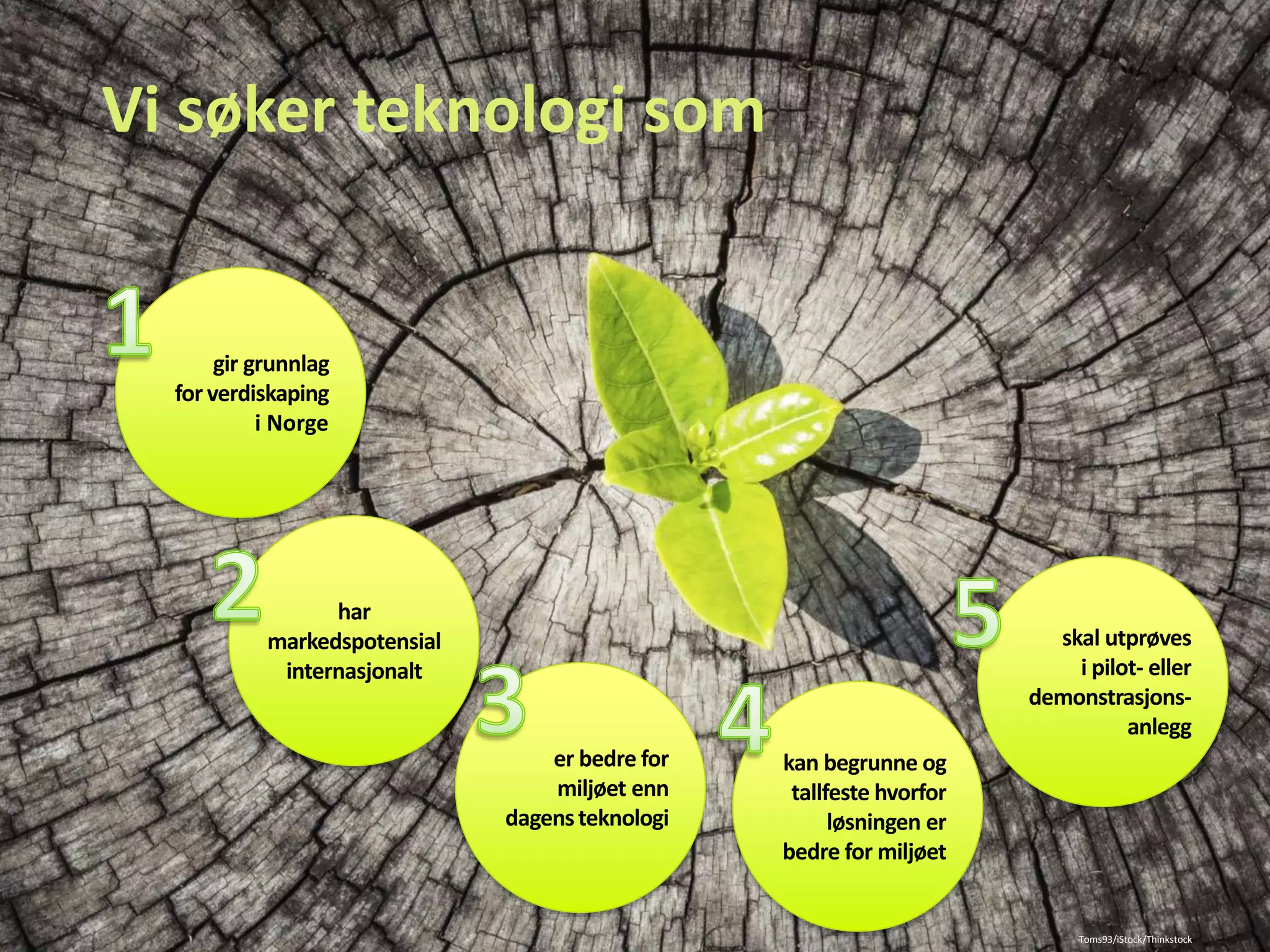 gir grunnlag
for verdiskaping
i Norge
har
markedspotensial
internasjonalt
er bedre for
miljøet enn
dagensteknologi
kan begrunne og
tallfeste hvorfor
løsningen er
bedre for miljøet
Vi søker teknologi som
skal utprøves
i pilot- eller
demonstrasjons-
anlegg
Toms93/iStock/Thinkstock
 
