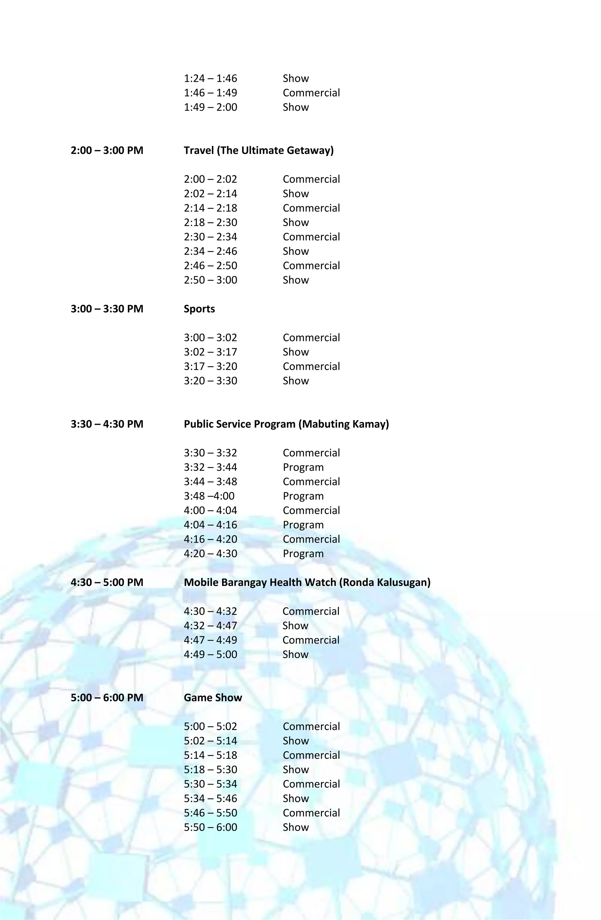 1:24 – 1:46        Show
                 1:46 – 1:49        Commercial
                 1:49 – 2:00        Show


2:00 – 3:00 PM   Travel (The Ultimate Getaway)

                 2:00 – 2:02        Commercial
                 2:02 – 2:14        Show
                 2:14 – 2:18        Commercial
                 2:18 – 2:30        Show
                 2:30 – 2:34        Commercial
                 2:34 – 2:46        Show
                 2:46 – 2:50        Commercial
                 2:50 – 3:00        Show

3:00 – 3:30 PM   Sports

                 3:00 – 3:02        Commercial
                 3:02 – 3:17        Show
                 3:17 – 3:20        Commercial
                 3:20 – 3:30        Show


3:30 – 4:30 PM   Public Service Program (Mabuting Kamay)

                 3:30 – 3:32        Commercial
                 3:32 – 3:44        Program
                 3:44 – 3:48        Commercial
                 3:48 –4:00         Program
                 4:00 – 4:04        Commercial
                 4:04 – 4:16        Program
                 4:16 – 4:20        Commercial
                 4:20 – 4:30        Program

4:30 – 5:00 PM   Mobile Barangay Health Watch (Ronda Kalusugan)

                 4:30 – 4:32        Commercial
                 4:32 – 4:47        Show
                 4:47 – 4:49        Commercial
                 4:49 – 5:00        Show


5:00 – 6:00 PM   Game Show

                 5:00 – 5:02        Commercial
                 5:02 – 5:14        Show
                 5:14 – 5:18        Commercial
                 5:18 – 5:30        Show
                 5:30 – 5:34        Commercial
                 5:34 – 5:46        Show
                 5:46 – 5:50        Commercial
                 5:50 – 6:00        Show
 