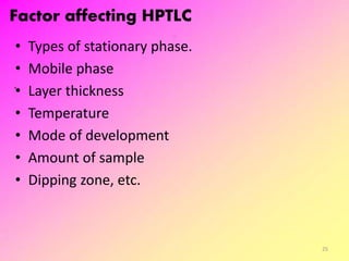 Factor affecting HPTLC
• Types of stationary phase.
• Mobile phase
• Layer thickness
• Temperature
• Mode of development
• Amount of sample
• Dipping zone, etc.
25
 