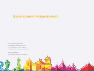 TERIMAKASIH ATAS PERHATIANNYA
PT GAMATECHNOINDONESIA
JL.CIKDITIRO34 YOGYAKARTA55223
P.+62 274 5661 61 |F.+62 274 5661 60
info@gamatechno.com|www.gamatechno.com
twitter:@gamatechno
facebookpage:facebook.com/gamatechno
 