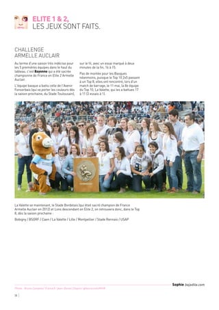 38
Au terme d'une saison très indécise pour
les 5 premières équipes dans le haut du
tableau, c'est Bayonne qui a été sacrée
championne de France en Elite 2 Armelle
Auclair.
L'équipe basque a battu celle de l'Avenir
Fonsorbais (qui va porter les couleurs dès
la saison prochaine, du Stade Toulousain),
sur le fil, avec un essai marqué à deux
minutes de la fin, 16 à 15.
Pas de montée pour les Basques
néanmoins, puisque le Top 10 2x5 passant
à un Top 8, elles ont rencontré, lors d'un
match de barrage, le 11 mai, la 8e équipe
du Top 10, La Valette, qui les a battues 17
à 11 (2 essais à 1).
La Valette se maintenant, le Stade Bordelais (qui était sacré champion de France
Armelle Auclair en 2012) et Lons descendant en Elite 2, on retrouvera donc, dans le Top
8, dès la saison prochaine :
Bobigny / BSORF / Caen / La Valette / Lille / Montpellier / Stade Rennais / USAP
Challenge
Armelle Auclair
Elite 1 & 2,
les jeux sont faits.
Sophie bajadita.com
Photo : Bruno Campels/ France3/ Jean-Daniel Chopin/ @lescoccsduMHR
 