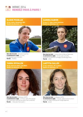 41
WRWC 2014
rendez-vous à Paris !
Elodie Poublan
25 ans, centre, Montpellier HRC.
Nombre de sélections : 39. 
Yanna Rivoa...