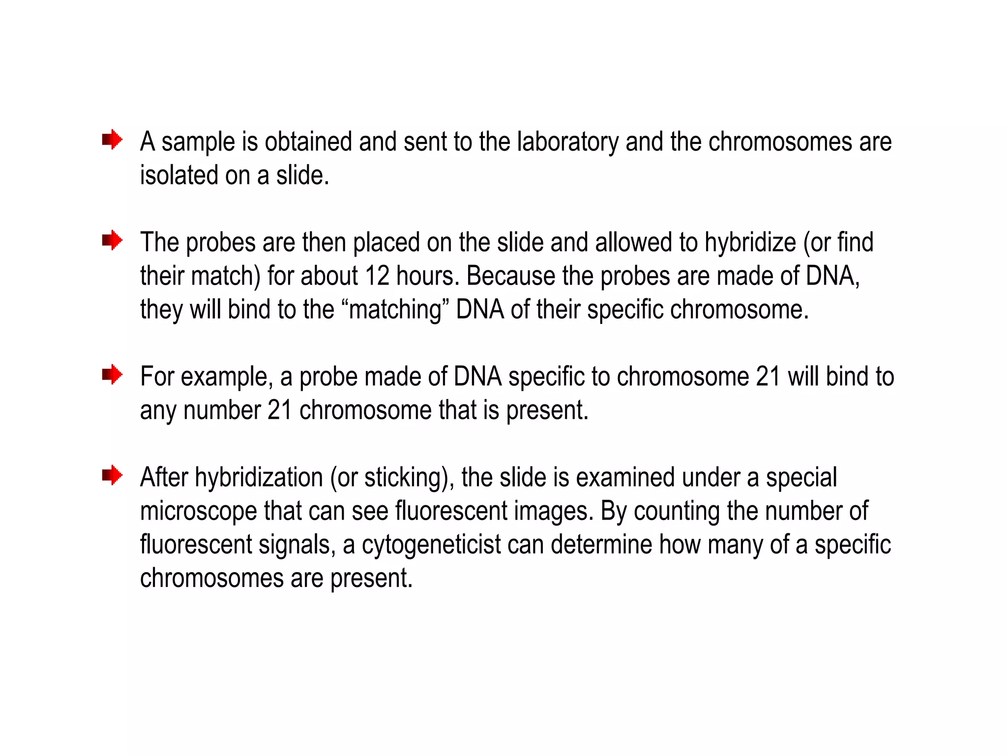 A sample is obtained and sent to the laboratory and the chromosomes are
isolated on a slide.
The probes are then placed on the slide and allowed to hybridize (or find
their match) for about 12 hours. Because the probes are made of DNA,
they will bind to the “matching” DNA of their specific chromosome.
For example, a probe made of DNA specific to chromosome 21 will bind to
any number 21 chromosome that is present.
After hybridization (or sticking), the slide is examined under a special
microscope that can see fluorescent images. By counting the number of
fluorescent signals, a cytogeneticist can determine how many of a specific
chromosomes are present.
 