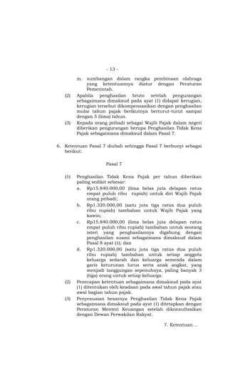 - 13 -

         m. sumbangan dalam rangka pembinaan olahraga
             yang ketentuannya diatur dengan Peraturan
             Pemerintah.
   (2)   Apabila penghasilan bruto setelah pengurangan
         sebagaimana dimaksud pada ayat (1) didapat kerugian,
         kerugian tersebut dikompensasikan dengan penghasilan
         mulai tahun pajak berikutnya berturut-turut sampai
         dengan 5 (lima) tahun.
   (3)   Kepada orang pribadi sebagai Wajib Pajak dalam negeri
         diberikan pengurangan berupa Penghasilan Tidak Kena
         Pajak sebagaimana dimaksud dalam Pasal 7.

6. Ketentuan Pasal 7 diubah sehingga Pasal 7 berbunyi sebagai
   berikut:

                     Pasal 7

   (1)   Penghasilan Tidak Kena Pajak per tahun diberikan
         paling sedikit sebesar:
         a. Rp15.840.000,00 (lima belas juta delapan ratus
              empat puluh ribu rupiah) untuk diri Wajib Pajak
              orang pribadi;
         b. Rp1.320.000,00 (satu juta tiga ratus dua puluh
              ribu rupiah) tambahan untuk Wajib Pajak yang
              kawin;
         c. Rp15.840.000,00 (lima belas juta delapan ratus
              empat puluh ribu rupiah) tambahan untuk seorang
              isteri yang penghasilannya digabung dengan
              penghasilan suami sebagaimana dimaksud dalam
              Pasal 8 ayat (1); dan
         d. Rp1.320.000,00 (satu juta tiga ratus dua puluh
              ribu rupiah) tambahan untuk setiap anggota
              keluarga sedarah dan keluarga semenda dalam
              garis keturunan lurus serta anak angkat, yang
              menjadi tanggungan sepenuhnya, paling banyak 3
              (tiga) orang untuk setiap keluarga.
   (2)   Penerapan ketentuan sebagaimana dimaksud pada ayat
         (1) ditentukan oleh keadaan pada awal tahun pajak atau
         awal bagian tahun pajak.
   (3)   Penyesuaian besarnya Penghasilan Tidak Kena Pajak
         sebagaimana dimaksud pada ayat (1) ditetapkan dengan
         Peraturan Menteri Keuangan setelah dikonsultasikan
         dengan Dewan Perwakilan Rakyat.

                                              7. Ketentuan …
 
