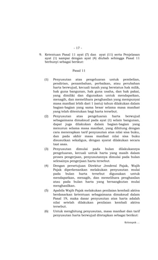 - 17 -

9. Ketentuan Pasal 11 ayat (7) dan ayat (11) serta Penjelasan
   ayat (1) sampai dengan ayat (4) diubah sehingga Pasal 11
   berbunyi sebagai berikut:

                     Pasal 11

   (1)   Penyusutan atas pengeluaran untuk pembelian,
         pendirian, penambahan, perbaikan, atau perubahan
         harta berwujud, kecuali tanah yang berstatus hak milik,
         hak guna bangunan, hak guna usaha, dan hak pakai,
         yang dimiliki dan digunakan untuk mendapatkan,
         menagih, dan memelihara penghasilan yang mempunyai
         masa manfaat lebih dari 1 (satu) tahun dilakukan dalam
         bagian-bagian yang sama besar selama masa manfaat
         yang telah ditentukan bagi harta tersebut.
   (2)   Penyusutan    atas   pengeluaran    harta    berwujud
         sebagaimana dimaksud pada ayat (1) selain bangunan,
         dapat juga dilakukan dalam bagian-bagian yang
         menurun selama masa manfaat, yang dihitung dengan
         cara menerapkan tarif penyusutan atas nilai sisa buku,
         dan pada akhir masa manfaat nilai sisa buku
         disusutkan sekaligus, dengan syarat dilakukan secara
         taat asas.
   (3)   Penyusutan     dimulai   pada     bulan dilakukannya
         pengeluaran, kecuali untuk harta yang masih dalam
         proses pengerjaan, penyusutannya dimulai pada bulan
         selesainya pengerjaan harta tersebut.
   (4)   Dengan persetujuan Direktur Jenderal Pajak, Wajib
         Pajak diperkenankan melakukan penyusutan mulai
         pada   bulan   harta tersebut  digunakan    untuk
         mendapatkan, menagih, dan memelihara penghasilan
         atau pada bulan harta yang bersangkutan mulai
         menghasilkan.
   (5)   Apabila Wajib Pajak melakukan penilaian kembali aktiva
         berdasarkan ketentuan sebagaimana dimaksud dalam
         Pasal 19, maka dasar penyusutan atas harta adalah
         nilai setelah dilakukan penilaian kembali aktiva
         tersebut.
   (6)   Untuk menghitung penyusutan, masa manfaat dan tarif
         penyusutan harta berwujud ditetapkan sebagai berikut:

                                                      Kelompok ...
 