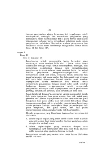 - 31 -

         dengan penghasilan, dalam ketentuan ini pengeluaran untuk
         mendapatkan, menagih, dan memelihara penghasilan yang
         mempunyai masa manfaat lebih dari 1 (satu) tahun tidak dapat
         dikurangkan sebagai biaya perusahaan sekaligus pada tahun
         pengeluaran, melainkan dibebankan melalui penyusutan dan
         amortisasi selama masa manfaatnya sebagaimana diatur dalam
         Pasal 11 dan Pasal 11A.

Angka 9
  Pasal 11
     Ayat (1) dan ayat (2)
         Pengeluaran untuk memperoleh harta berwujud yang
         mempunyai masa manfaat lebih dari 1 (satu) tahun harus
         dibebankan sebagai biaya untuk mendapatkan, menagih, dan
         memelihara    penghasilan   dengan    cara  mengalokasikan
         pengeluaran tersebut selama masa manfaat harta berwujud
         melalui    penyusutan.    Pengeluaran-pengeluaran     untuk
         memperoleh tanah hak milik, termasuk tanah berstatus hak
         guna bangunan, hak guna usaha, dan hak pakai yang pertama
         kali tidak boleh disusutkan, kecuali apabila tanah tersebut
         dipergunakan dalam perusahaan atau dimiliki untuk
         memperoleh penghasilan dengan syarat nilai tanah tersebut
         berkurang    karena   penggunaannya     untuk   memperoleh
         penghasilan, misalnya tanah dipergunakan untuk perusahaan
         genteng, perusahaan keramik, atau perusahaan batu bata.
         Yang dimaksud dengan “pengeluaran untuk memperoleh tanah
         hak guna bangunan, hak guna usaha, dan hak pakai yang
         pertama kali” adalah biaya perolehan tanah berstatus hak guna
         bangunan, hak guna usaha, dan hak pakai dari pihak ketiga
         dan pengurusan hak-hak tersebut dari instansi yang berwenang
         untuk pertama kalinya, sedangkan biaya perpanjangan hak
         guna bangunan, hak guna usaha, dan hak pakai
         diamortisasikan selama jangka waktu hak-hak tersebut.
         Metode penyusutan yang dibolehkan berdasarkan ketentuan ini
         dilakukan:
         a. dalam bagian-bagian yang sama besar selama masa manfaat
            yang ditetapkan bagi harta tersebut (metode garis lurus atau
            straight-line method); atau
         b. dalam   bagian-bagian    yang    menurun    dengan  cara
            menerapkan tarif penyusutan atas nilai sisa buku (metode
            saldo menurun atau declining balance method).
         Penggunaan metode penyusutan atas harta harus dilakukan
         secara taat asas.


                                                               Untuk …
 
