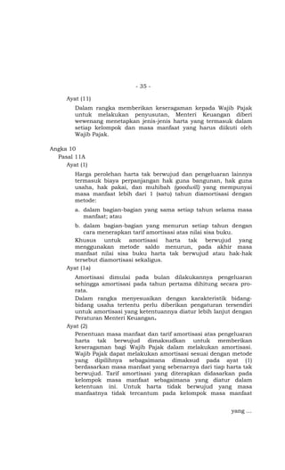 - 35 -

     Ayat (11)
        Dalam rangka memberikan keseragaman kepada Wajib Pajak
        untuk melakukan penyusutan, Menteri Keuangan diberi
        wewenang menetapkan jenis-jenis harta yang termasuk dalam
        setiap kelompok dan masa manfaat yang harus diikuti oleh
        Wajib Pajak.

Angka 10
  Pasal 11A
     Ayat (1)
        Harga perolehan harta tak berwujud dan pengeluaran lainnya
        termasuk biaya perpanjangan hak guna bangunan, hak guna
        usaha, hak pakai, dan muhibah (goodwill) yang mempunyai
        masa manfaat lebih dari 1 (satu) tahun diamortisasi dengan
        metode:
        a. dalam bagian-bagian yang sama setiap tahun selama masa
           manfaat; atau
       b. dalam bagian-bagian yang menurun setiap tahun dengan
           cara menerapkan tarif amortisasi atas nilai sisa buku.
       Khusus untuk amortisasi harta tak berwujud yang
       menggunakan metode saldo menurun, pada akhir masa
       manfaat nilai sisa buku harta tak berwujud atau hak-hak
       tersebut diamortisasi sekaligus.
     Ayat (1a)
       Amortisasi dimulai pada bulan dilakukannya pengeluaran
       sehingga amortisasi pada tahun pertama dihitung secara pro-
       rata.
       Dalam rangka menyesuaikan dengan karakteristik bidang-
       bidang usaha tertentu perlu diberikan pengaturan tersendiri
       untuk amortisasi yang ketentuannya diatur lebih lanjut dengan
       Peraturan Menteri Keuangan.
     Ayat (2)
       Penentuan masa manfaat dan tarif amortisasi atas pengeluaran
       harta tak berwujud dimaksudkan untuk memberikan
       keseragaman bagi Wajib Pajak dalam melakukan amortisasi.
       Wajib Pajak dapat melakukan amortisasi sesuai dengan metode
       yang dipilihnya sebagaimana dimaksud pada ayat (1)
       berdasarkan masa manfaat yang sebenarnya dari tiap harta tak
       berwujud. Tarif amortisasi yang diterapkan didasarkan pada
       kelompok masa manfaat sebagaimana yang diatur dalam
       ketentuan ini. Untuk harta tidak berwujud yang masa
       manfaatnya tidak tercantum pada kelompok masa manfaat


                                                            yang …
 