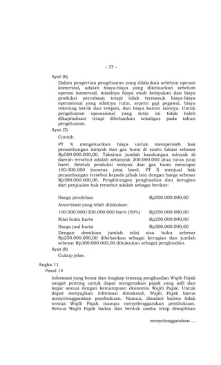 - 37 -

     Ayat (6)
       Dalam pengertian pengeluaran yang dilakukan sebelum operasi
       komersial, adalah biaya-biaya yang dikeluarkan sebelum
       operasi komersial, misalnya biaya studi kelayakan dan biaya
       produksi percobaan tetapi tidak termasuk biaya-biaya
       operasional yang sifatnya rutin, seperti gaji pegawai, biaya
       rekening listrik dan telepon, dan biaya kantor lainnya. Untuk
       pengeluaran operasional yang rutin ini tidak boleh
       dikapitalisasi tetapi dibebankan sekaligus pada tahun
       pengeluaran.
     Ayat (7)
       Contoh:
       PT    X   mengeluarkan     biaya   untuk    memperoleh  hak
       penambangan minyak dan gas bumi di suatu lokasi sebesar
       Rp500.000.000,00. Taksiran jumlah kandungan minyak di
       daerah tersebut adalah sebanyak 200.000.000 (dua ratus juta)
       barel. Setelah produksi minyak dan gas bumi mencapai
       100.000.000 (seratus juta) barel, PT X menjual hak
       penambangan tersebut kepada pihak lain dengan harga sebesar
       Rp300.000.000,00. Penghitungan penghasilan dan kerugian
       dari penjualan hak tersebut adalah sebagai berikut:

       Harga perolehan                          Rp500.000.000,00
       Amortisasi yang telah dilakukan:
       100.000.000/200.000.000 barel (50%)      Rp250.000.000,00
       Nilai buku harta                         Rp250.000.000,00
       Harga jual harta                       Rp300.000.000,00
       Dengan     demikian  jumlah   nilai  sisa   buku    sebesar
       Rp250.000.000,00 dibebankan sebagai kerugian dan jumlah
       sebesar Rp300.000.000,00 dibukukan sebagai penghasilan.
     Ayat (8)
       Cukup jelas.

Angka 11
  Pasal 14
     Informasi yang benar dan lengkap tentang penghasilan Wajib Pajak
     sangat penting untuk dapat mengenakan pajak yang adil dan
     wajar sesuai dengan kemampuan ekonomis Wajib Pajak. Untuk
     dapat menyajikan informasi dimaksud, Wajib Pajak harus
     menyelenggarakan pembukuan. Namun, disadari bahwa tidak
     semua Wajib Pajak mampu menyelenggarakan pembukuan.
     Semua Wajib Pajak badan dan bentuk usaha tetap diwajibkan

                                                menyelenggarakan …
 