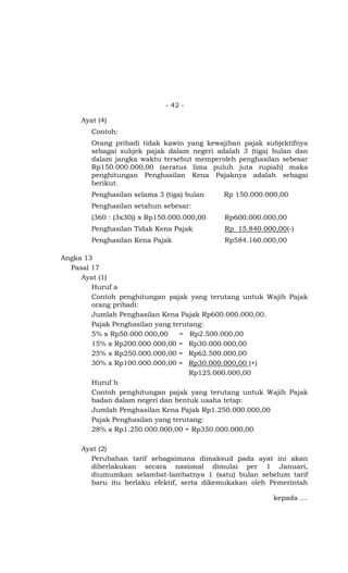 - 42 -

     Ayat (4)
        Contoh:
        Orang pribadi tidak kawin yang kewajiban pajak subjektifnya
        sebagai subjek pajak dalam negeri adalah 3 (tiga) bulan dan
        dalam jangka waktu tersebut memperoleh penghasilan sebesar
        Rp150.000.000,00 (seratus lima puluh juta rupiah) maka
        penghitungan Penghasilan Kena Pajaknya adalah sebagai
        berikut.
        Penghasilan selama 3 (tiga) bulan   Rp 150.000.000,00
        Penghasilan setahun sebesar:
        (360 : (3x30)) x Rp150.000.000,00   Rp600.000.000,00
        Penghasilan Tidak Kena Pajak        Rp 15.840.000,00(-)
        Penghasilan Kena Pajak              Rp584.160.000,00

Angka 13
  Pasal 17
     Ayat (1)
        Huruf a
        Contoh penghitungan pajak yang terutang untuk Wajib Pajak
        orang pribadi:
        Jumlah Penghasilan Kena Pajak Rp600.000.000,00.
        Pajak Penghasilan yang terutang:
        5% x Rp50.000.000,00     = Rp2.500.000,00
        15% x Rp200.000.000,00 = Rp30.000.000,00
        25% x Rp250.000.000,00 = Rp62.500.000,00
        30% x Rp100.000.000,00 = Rp30.000.000,00 (+)
                                    Rp125.000.000,00
        Huruf b
        Contoh penghitungan pajak yang terutang untuk Wajib Pajak
        badan dalam negeri dan bentuk usaha tetap:
        Jumlah Penghasilan Kena Pajak Rp1.250.000.000,00
        Pajak Penghasilan yang terutang:
        28% x Rp1.250.000.000,00 = Rp350.000.000,00

     Ayat (2)
       Perubahan tarif sebagaimana dimaksud pada ayat ini akan
       diberlakukan secara nasional dimulai per 1 Januari,
       diumumkan selambat-lambatnya 1 (satu) bulan sebelum tarif
       baru itu berlaku efektif, serta dikemukakan oleh Pemerintah

                                                         kepada …
 