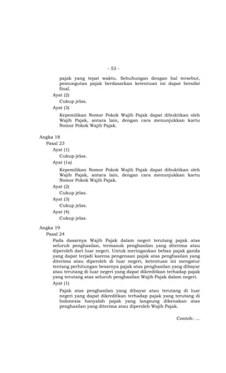 - 52 -

       pajak yang tepat waktu. Sehubungan dengan hal tersebut,
       pemungutan pajak berdasarkan ketentuan ini dapat bersifat
       final.
     Ayat (2)
       Cukup jelas.
     Ayat (3)
        Kepemilikan Nomor Pokok Wajib Pajak dapat dibuktikan oleh
        Wajib Pajak, antara lain, dengan cara menunjukkan kartu
        Nomor Pokok Wajib Pajak.

Angka 18
  Pasal 23
     Ayat (1)
        Cukup jelas.
     Ayat (1a)
       Kepemilikan Nomor Pokok Wajib Pajak dapat dibuktikan oleh
       Wajib Pajak, antara lain, dengan cara menunjukkan kartu
       Nomor Pokok Wajib Pajak.
     Ayat (2)
       Cukup jelas.
     Ayat (3)
       Cukup jelas.
     Ayat (4)
       Cukup jelas.

Angka 19
  Pasal 24
     Pada dasarnya Wajib Pajak dalam negeri terutang pajak atas
     seluruh penghasilan, termasuk penghasilan yang diterima atau
     diperoleh dari luar negeri. Untuk meringankan beban pajak ganda
     yang dapat terjadi karena pengenaan pajak atas penghasilan yang
     diterima atau diperoleh di luar negeri, ketentuan ini mengatur
     tentang perhitungan besarnya pajak atas penghasilan yang dibayar
     atau terutang di luar negeri yang dapat dikreditkan terhadap pajak
     yang terutang atas seluruh penghasilan Wajib Pajak dalam negeri.
     Ayat (1)
        Pajak atas penghasilan yang dibayar atau terutang di luar
        negeri yang dapat dikreditkan terhadap pajak yang terutang di
        Indonesia hanyalah pajak yang langsung dikenakan atas
        penghasilan yang diterima atau diperoleh Wajib Pajak.

                                                            Contoh: …
 