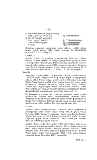 - 55 -

  c. Pajak Penghasilan yang dipotong
     oleh pihak lain (Pasal 23)        Rp 2.500.000,00
  d. Kredit Pajak Penghasilan
     luar negeri (Pasal 24)            Rp 7.500.000,00 (+)
     Jumlah kredit pajak               Rp35.000.000,00 (-)
     Selisih                           Rp15.000.000,00
  Besarnya angsuran pajak yang harus dibayar sendiri setiap
  bulan untuk tahun 2010 adalah sebesar Rp1.250.000,00
  (Rp15.000.000,00 dibagi 12).
  Contoh 2:
  Apabila Pajak Penghasilan sebagaimana dimaksud dalam
  contoh di atas berkenaan dengan penghasilan yang diterima
  atau diperoleh untuk bagian tahun pajak yang meliputi masa 6
  (enam) bulan dalam tahun 2009, besarnya angsuran bulanan
  yang harus dibayar sendiri setiap bulan dalam tahun 2010
  adalah sebesar Rp2.500.000,00 (Rp15.000.000,00 dibagi 6).
Ayat (2)
  Mengingat batas waktu penyampaian Surat Pemberitahuan
  Tahunan Pajak Penghasilan bagi Wajib Pajak orang pribadi
  adalah akhir bulan ketiga tahun pajak berikutnya dan bagi
  Wajib Pajak badan adalah akhir bulan keempat tahun pajak
  berikutnya, besarnya angsuran pajak yang harus dibayar
  sendiri oleh Wajib Pajak untuk bulan-bulan sebelum Surat
  Pemberitahuan Tahunan Pajak Penghasilan disampaikan belum
  dapat dihitung sesuai dengan ketentuan pada ayat (1).
  Berdasarkan ketentuan ini, besarnya angsuran pajak untuk
  bulan-bulan sebelum Surat Pemberitahuan Tahunan Pajak
  Penghasilan disampaikan sebelum batas waktu penyampaian
  Surat Pemberitahuan Tahunan adalah sama dengan angsuran
  pajak untuk bulan terakhir dari tahun pajak yang lalu.
  Contoh:
  Apabila Surat Pemberitahuan Tahunan Pajak Penghasilan
  disampaikan oleh Wajib Pajak orang pribadi pada bulan
  Februari 2010, besarnya angsuran pajak yang harus dibayar
  Wajib Pajak tersebut untuk bulan Januari 2010 adalah sebesar
  angsuran pajak bulan Desember 2009, misalnya sebesar
  Rp1.000.000,00 (satu juta rupiah).
  Apabila dalam bulan September 2009 diterbitkan keputusan
  pengurangan angsuran pajak menjadi nihil sehingga angsuran
  pajak sejak bulan Oktober sampai dengan Desember 2009
  menjadi nihil, besarnya angsuran pajak yang harus dibayar
  Wajib Pajak untuk bulan Januari 2010 tetap sama dengan
  angsuran bulan Desember 2009, yaitu nihil.

                                                    Ayat (3) …
 
