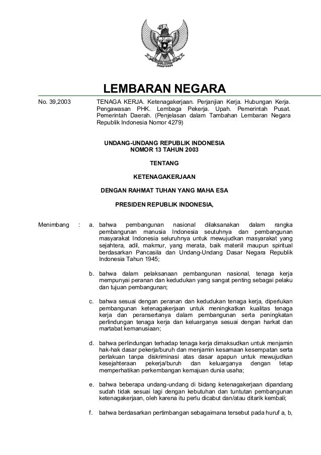 Uu No 13 Tahun 2003 Tentang Tenaga Kerja Info Seputar Kerjaan