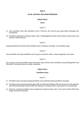 BAB VI
JALUR, JENJANG, DAN JENIS PENDIDIKAN
Bagian Kesatu
Umum
Pasal 13
(1) Jalur pendidikan terdiri atas pendidikan formal, nonformal, dan informal yang dapat saling melengkapi dan
memperkaya.
(2) Pendidikan sebagaimana dimaksud dalam ayat (1) diselenggarakan dengan sistem terbuka melalui tatap muka
dan/atau melalui jarak jauh.
Pasal 14
Jenjang pendidikan formal terdiri atas pendidikan dasar, pendidikan menengah, dan pendidikan tinggi.
Pasal 15
Jenis pendidikan mencakup pendidikan umum, kejuruan, akademik, profesi, vokasi, keagamaan, dan khusus.
Pasal 16
Jalur, jenjang, dan jenis pendidikan dapat diwujudkan dalam bentuk satuan pendidikan yang diselenggarakan oleh
Pemerintah, Pemerintah Daerah, dan/atau masyarakat.
Bagian Kedua
Pendidikan Dasar
Pasal 17
(1) Pendidikan dasar merupakan jenjang pendidikan yang melandasi jenjang pendidikan menengah.
(2) Pendidikan dasar berbentuk Sekolah Dasar (SD) dan Madrasah Ibtidaiyah (MI) atau bentuk lain yang sederajat
serta Sekolah Menengah Pertama (SMP) dan Madrasah Tsanawiyah (MTs), atau bentuk lain yang sederajat.
(3) Ketentuan mengenai pendidikan dasar sebagaimana dimaksud dalam ayat (1) dan ayat (2) diatur lebih lanjut
dengan Peraturan Pemerintah.
 
