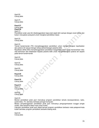 26
Ayat (6)
Cukup jelas
Ayat (7)
Cukup jelas
Pasal 27
Cukup jelas
Pasal 28
Ayat (1)
Pendidikan anak usia dini diselenggarakan bagi anak sejak lahir sampai dengan enam tahun dan
bukan merupakan prasyarat untuk mengikuti pendidikan dasar.
Ayat (2)
Cukup jelas
Ayat (3)
Taman kanak-kanak (TK) menyelenggarakan pendidikan untuk mengembangkan kepribadian
dan potensi diri sesuai dengan tahap perkembangan peserta didik.
Raudhatul athfal (RA) menyelenggarakan pendidikan keagamaan Islam yang menanamkan nilai-
nilai keimanan dan ketakwaan kepada peserta didik untuk mengembangkan potensi diri seperti
pada taman kanak-kanak.
Ayat (4)
Cukup jelas
Ayat (5)
Cukup jelas
Ayat (6)
Cukup jelas
Pasal 29
Cukup jelas
Pasal 30
Cukup jelas
Pasal 31
Ayat (1)
Cukup jelas
Ayat (2)
Cukup jelas
Ayat (3)
Bentuk pendidikan jarak jauh mencakup program pendidikan tertulis (korespondensi), radio,
audio/video, TV, dan/atau berbasis jaringan komputer.
Modus penyelenggaraan pendidikan jarak jauh mencakup pengorganisasian tunggal (single
mode), atau bersama tatap muka (dual mode).
Cakupan pendidikan jarak jauh dapat berupa program pendidikan berbasis mata pelajaran/mata
kuliah dan/atau program pendidikan berbasis bidang studi.
Ayat (4)
Cukup jelas
 