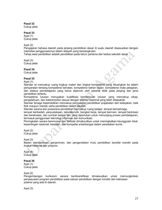 27
Pasal 32
Cukup jelas
Pasal 33
Ayat (1)
Cukup jelas
Ayat (2)
Pengajaran bahasa daerah pada jenjang pendidikan dasar di suatu daerah disesuaikan dengan
intensitas penggunaannya dalam wilayah yang bersangkutan.
Tahap awal pendidikan adalah pendidikan pada tahun pertama dan kedua sekolah dasar.
Ayat (3)
Cukup jelas
Pasal 34
Cukup jelas
Pasal 35
Ayat (1)
Standar isi mencakup ruang lingkup materi dan tingkat kompetensi yang dituangkan ke dalam
persyaratan tentang kompetensi tamatan, kompetensi bahan kajian, kompetensi mata pelajaran,
dan silabus pembelajaran yang harus dipenuhi oleh peserta didik pada jenjang dan jenis
pendidikan tertentu.
Kompetensi lulusan merupakan kualifikasi kemampuan lulusan yang mencakup sikap,
pengetahuan, dan keterampilan sesuai dengan standar nasional yang telah disepakati.
Standar tenaga kependidikan mencakup persyaratan pendidikan prajabatan dan kelayakan, baik
fisik maupun mental, serta pendidikan dalam jabatan.
Standar sarana dan prasarana pendidikan mencakup ruang belajar, tempat berolahraga,
tempat beribadah, perpustakaan, laboratorium, bengkel kerja, tempat bermain, tempat berkreasi
dan berekreasi, dan sumber belajar lain yang diperlukan untuk menunjang proses pembelajaran,
termasuk penggunaan teknologi informasi dan komunikasi.
Peningkatan secara berencana dan berkala dimaksudkan untuk meningkatkan keunggulan lokal,
kepentingan nasional, keadilan, dan kompetisi antarbangsa dalam peradaban dunia.
Ayat (2)
Cukup jelas
Ayat (3)
Badan standardisasi, penjaminan, dan pengendalian mutu pendidikan bersifat mandiri pada
tingkat nasional dan propinsi.
Ayat (4)
Cukup jelas
Pasal 36
Ayat (1)
Cukup jelas
Ayat (2)
Pengembangan kurikulum secara berdiversifikasi dimaksudkan untuk memungkinkan
penyesuaian program pendidikan pada satuan pendidikan dengan kondisi dan kekhasan
potensi yang ada di daerah.
Ayat (3)
 