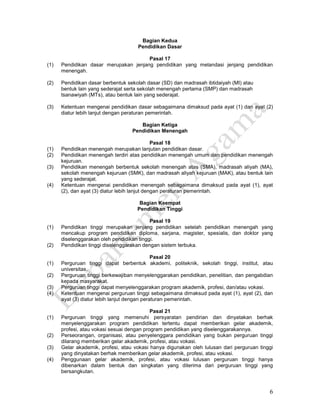 6
Bagian Kedua
Pendidikan Dasar
Pasal 17
(1) Pendidikan dasar merupakan jenjang pendidikan yang melandasi jenjang pendidikan
menengah.
(2) Pendidikan dasar berbentuk sekolah dasar (SD) dan madrasah ibtidaiyah (MI) atau
bentuk lain yang sederajat serta sekolah menengah pertama (SMP) dan madrasah
tsanawiyah (MTs), atau bentuk lain yang sederajat.
(3) Ketentuan mengenai pendidikan dasar sebagaimana dimaksud pada ayat (1) dan ayat (2)
diatur lebih lanjut dengan peraturan pemerintah.
Bagian Ketiga
Pendidikan Menengah
Pasal 18
(1) Pendidikan menengah merupakan lanjutan pendidikan dasar.
(2) Pendidikan menengah terdiri atas pendidikan menengah umum dan pendidikan menengah
kejuruan.
(3) Pendidikan menengah berbentuk sekolah menengah atas (SMA), madrasah aliyah (MA),
sekolah menengah kejuruan (SMK), dan madrasah aliyah kejuruan (MAK), atau bentuk lain
yang sederajat.
(4) Ketentuan mengenai pendidikan menengah sebagaimana dimaksud pada ayat (1), ayat
(2), dan ayat (3) diatur lebih lanjut dengan peraturan pemerintah.
Bagian Keempat
Pendidikan Tinggi
Pasal 19
(1) Pendidikan tinggi merupakan jenjang pendidikan setelah pendidikan menengah yang
mencakup program pendidikan diploma, sarjana, magister, spesialis, dan doktor yang
diselenggarakan oleh pendidikan tinggi.
(2) Pendidikan tinggi diselenggarakan dengan sistem terbuka.
Pasal 20
(1) Perguruan tinggi dapat berbentuk akademi, politeknik, sekolah tinggi, institut, atau
universitas.
(2) Perguruan tinggi berkewajiban menyelenggarakan pendidikan, penelitian, dan pengabdian
kepada masyarakat.
(3) Perguruan tinggi dapat menyelenggarakan program akademik, profesi, dan/atau vokasi.
(4) Ketentuan mengenai perguruan tinggi sebagaimana dimaksud pada ayat (1), ayat (2), dan
ayat (3) diatur lebih lanjut dengan peraturan pemerintah.
Pasal 21
(1) Perguruan tinggi yang memenuhi persyaratan pendirian dan dinyatakan berhak
menyelenggarakan program pendidikan tertentu dapat memberikan gelar akademik,
profesi, atau vokasi sesuai dengan program pendidikan yang diselenggarakannya.
(2) Perseorangan, organisasi, atau penyelenggara pendidikan yang bukan perguruan tinggi
dilarang memberikan gelar akademik, profesi, atau vokasi.
(3) Gelar akademik, profesi, atau vokasi hanya digunakan oleh lulusan dari perguruan tinggi
yang dinyatakan berhak memberikan gelar akademik, profesi, atau vokasi.
(4) Penggunaan gelar akademik, profesi, atau vokasi lulusan perguruan tinggi hanya
dibenarkan dalam bentuk dan singkatan yang diterima dari perguruan tinggi yang
bersangkutan.
 