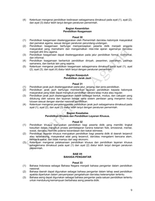 9
(4) Ketentuan mengenai pendidikan kedinasan sebagaimana dimaksud pada ayat (1), ayat (2),
dan ayat (3) diatur lebih lanjut dengan peraturan pemerintah.
Bagian Kesembilan
Pendidikan Keagamaan
Pasal 30
(1) Pendidikan keagamaan diselenggarakan oleh Pemerintah dan/atau kelompok masyarakat
dari pemeluk agama, sesuai dengan peraturan perundang-undangan.
(2) Pendidikan keagamaan berfungsi mempersiapkan peserta didik menjadi anggota
masyarakat yang memahami dan mengamalkan nilai-nilai ajaran agamanya dan/atau
menjadi ahli ilmu agama.
(3) Pendidikan keagamaan dapat diselenggarakan pada jalur pendidikan formal, nonformal,
dan informal.
(4) Pendidikan keagamaan berbentuk pendidikan diniyah, pesantren, pasraman, pabhaja
samanera, dan bentuk lain yang sejenis.
(5) Ketentuan mengenai pendidikan keagamaan sebagaimana dimaksud pada ayat (1), ayat
(2), ayat (3), dan ayat (4) diatur lebih lanjut dengan peraturan pemerintah.
Bagian Kesepuluh
Pendidikan Jarak Jauh
Pasal 31
(1) Pendidikan jarak jauh diselenggarakan pada jalur, jenjang, dan jenis pendidikan.
(2) Pendidikan jarak jauh berfungsi memberikan layanan pendidikan kepada kelompok
masyarakat yang tidak dapat mengikuti pendidikan secara tatap muka atau reguler.
(3) Pendidikan jarak jauh diselenggarakan dalam berbagai bentuk, modus, dan cakupan yang
didukung oleh sarana dan layanan belajar serta sistem penilaian yang menjamin mutu
lulusan sesuai dengan standar nasional pendidikan.
(4) Ketentuan mengenai penyelenggaraan pendidikan jarak jauh sebagaimana dimaksud pada
ayat (1), ayat (2), dan ayat (3) diatur lebih lanjut dengan peraturan pemerintah.
Bagian Kesebelas
Pendidikan Khusus dan Pendidikan Layanan Khusus.
Pasal 32
(1) Pendidikan khusus merupakan pendidikan bagi peserta didik yang memiliki tingkat
kesulitan dalam mengikuti proses pembelajaran karena kelainan fisik, emosional, mental,
sosial, dan/atau memiliki potensi kecerdasan dan bakat istimewa.
(2) Pendidikan layanan khusus merupakan pendidikan bagi peserta didik di daerah terpencil
atau terbelakang, masyarakat adat yang terpencil, dan/atau mengalami bencana alam,
bencana sosial, dan tidak mampu dari segi ekonomi.
(3) Ketentuan mengenai pelaksanaan pendidikan khusus dan pendidikan layanan khusus
sebagaimana dimaksud pada ayat (1) dan ayat (2) diatur lebih lanjut dengan peraturan
pemerintah.
BAB VII
BAHASA PENGANTAR
Pasal 33
(1) Bahasa Indonesia sebagai Bahasa Negara menjadi bahasa pengantar dalam pendidikan
nasional.
(2) Bahasa daerah dapat digunakan sebagai bahasa pengantar dalam tahap awal pendidikan
apabila diperlukan dalam penyampaian pengetahuan dan/atau keterampilan tertentu.
(3) Bahasa asing dapat digunakan sebagai bahasa pengantar pada satuan pendidikan tertentu
untuk mendukung kemampuan berbahasa asing peserta didik.
 