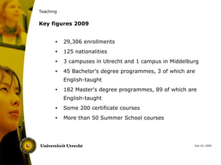 Teaching


Key figures 2009


       •   29,306 enrollments
       •   125 nationalities
       •   3 campuses in Utrecht and 1 campus in Middelburg
       •   45 Bachelor's degree programmes, 3 of which are
           English-taught
       •   182 Master's degree programmes, 89 of which are
           English-taught
       •   Some 200 certificate courses
       •   More than 50 Summer School courses




                                                         July 10, 2009
 