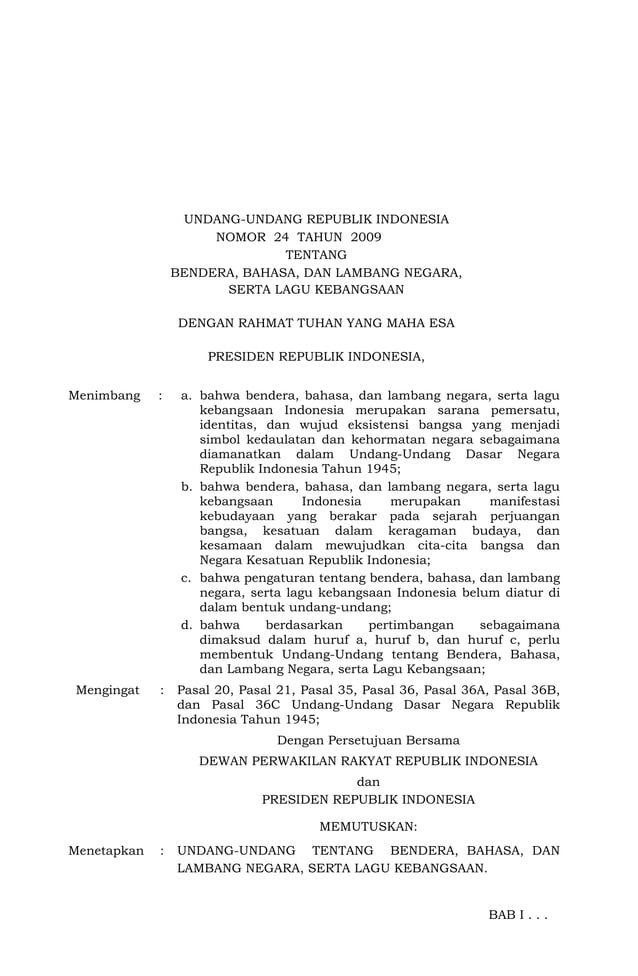 UNDANG-UNDANG REPUBLIK INDONESIA NOMOR 24 TAHUN 2009 | PDF