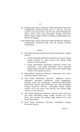 - 15 -

(9)   Penghitungan dasar pengenaan Pajak Kendaraan Bermotor
      sebagaimana dimaksud pada ayat (1), ayat (2), ayat (3),
      ayat (4), ayat (5), ayat (6), ayat (7), dan ayat (8) dinyatakan
      dalam suatu tabel yang ditetapkan dengan Peraturan
      Menteri Dalam Negeri setelah mendapat pertimbangan dari
      Menteri Keuangan.
(10) Penghitungan dasar pengenaan Pajak Kendaraan Bermotor
     sebagaimana dimaksud pada ayat (9) ditinjau kembali
     setiap tahun.


                       Pasal 6
(1)   Tarif Pajak Kendaraan Bermotor pribadi ditetapkan sebagai
      berikut:
      a. untuk kepemilikan Kendaraan Bermotor pertama paling
         rendah sebesar 1% (satu persen) dan paling tinggi
         sebesar 2% (dua persen);
      b. untuk kepemilikan Kendaraan Bermotor kedua dan
         seterusnya   tarif dapat ditetapkan secara progresif
         paling rendah sebesar 2% (dua persen) dan paling tinggi
         sebesar 10% (sepuluh persen).
(2)   Kepemilikan Kendaraan Bermotor didasarkan atas nama
      dan/atau alamat yang sama.
(3)   Tarif Pajak Kendaraan Bermotor angkutan umum,
      ambulans, pemadam kebakaran, sosial keagamaan,
      lembaga sosial dan keagamaan, Pemerintah/TNI/POLRI,
      Pemerintah Daerah, dan kendaraan lain yang ditetapkan
      dengan Peraturan Daerah,    ditetapkan paling rendah
      sebesar 0,5% (nol koma lima persen) dan paling tinggi
      sebesar 1% (satu persen).
(4)   Tarif Pajak Kendaraan Bermotor alat-alat berat dan alat-
      alat besar ditetapkan paling rendah sebesar 0,1% (nol
      koma satu persen) dan paling tinggi sebesar 0,2% (nol
      koma dua persen).
(5)   Tarif Pajak Kendaraan        Bermotor    ditetapkan    dengan
      Peraturan Daerah.

                                                         Pasal 7 . . .
 