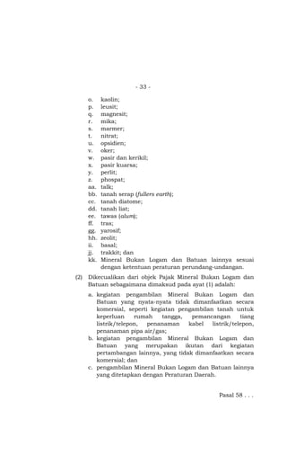 - 33 -

      o.    kaolin;
      p.    leusit;
      q.    magnesit;
      r.    mika;
      s.    marmer;
      t.    nitrat;
      u.    opsidien;
      v.    oker;
      w.    pasir dan kerikil;
      x.    pasir kuarsa;
      y.    perlit;
      z.    phospat;
      aa.   talk;
      bb.   tanah serap (fullers earth);
      cc.   tanah diatome;
      dd.   tanah liat;
      ee.   tawas (alum);
      ff.   tras;
      gg.   yarosif;
      hh.   zeolit;
      ii.   basal;
      jj.   trakkit; dan
      kk.   Mineral Bukan Logam dan Batuan lainnya sesuai
            dengan ketentuan peraturan perundang-undangan.
(2)   Dikecualikan dari objek Pajak Mineral Bukan Logam dan
      Batuan sebagaimana dimaksud pada ayat (1) adalah:
      a. kegiatan pengambilan Mineral Bukan Logam dan
         Batuan yang nyata-nyata tidak dimanfaatkan secara
         komersial, seperti kegiatan pengambilan tanah untuk
         keperluan     rumah    tangga,  pemancangan       tiang
         listrik/telepon,  penanaman    kabel   listrik/telepon,
         penanaman pipa air/gas;
      b. kegiatan pengambilan Mineral Bukan Logam dan
         Batuan yang merupakan ikutan dari kegiatan
         pertambangan lainnya, yang tidak dimanfaatkan secara
         komersial; dan
      c. pengambilan Mineral Bukan Logam dan Batuan lainnya
         yang ditetapkan dengan Peraturan Daerah.


                                                   Pasal 58 . . .
 